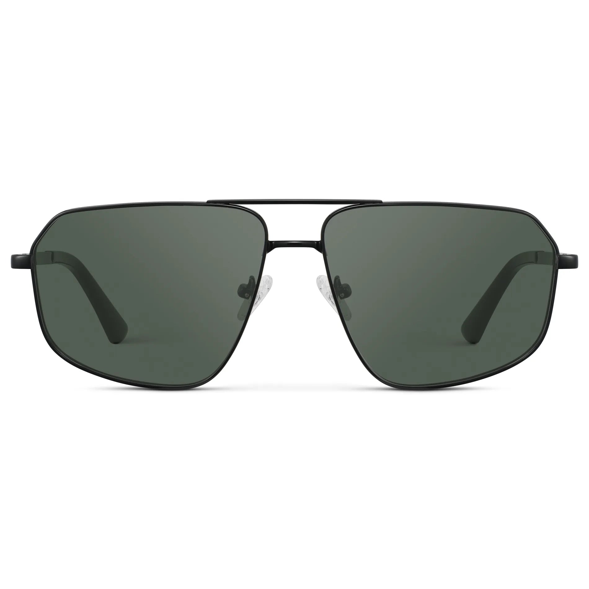 Black / G15 || Women's Geometric Stainless Steel Aviator Prescription Sunglasses with Black Frame and Green Lens on a white background
