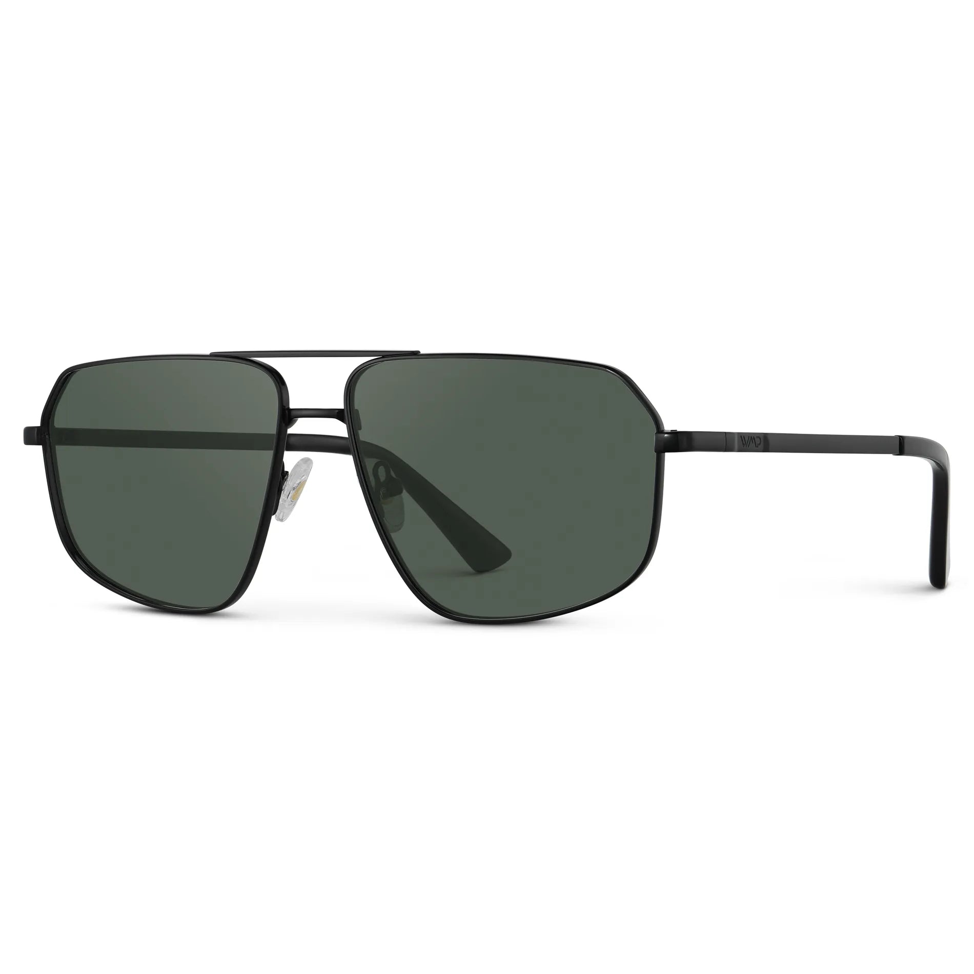 Black / G15 || Side view of Women's Geometric Stainless Steel Aviator Prescription Sunglasses with Black Frame and Green Lens on a white background