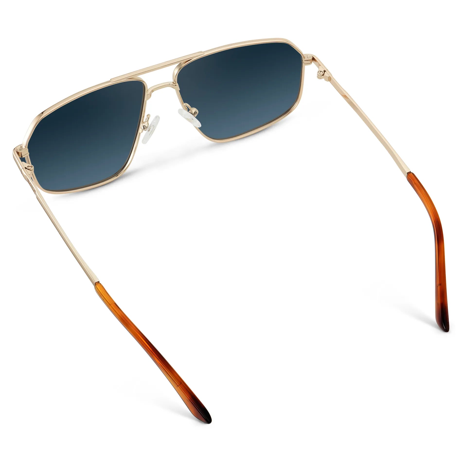 Gold / Deep Blue Gradient Lens || Back view of Women's Metal Aviator Sunglasses with Gold Frame and Deep Blue Gradient Lens on a white background