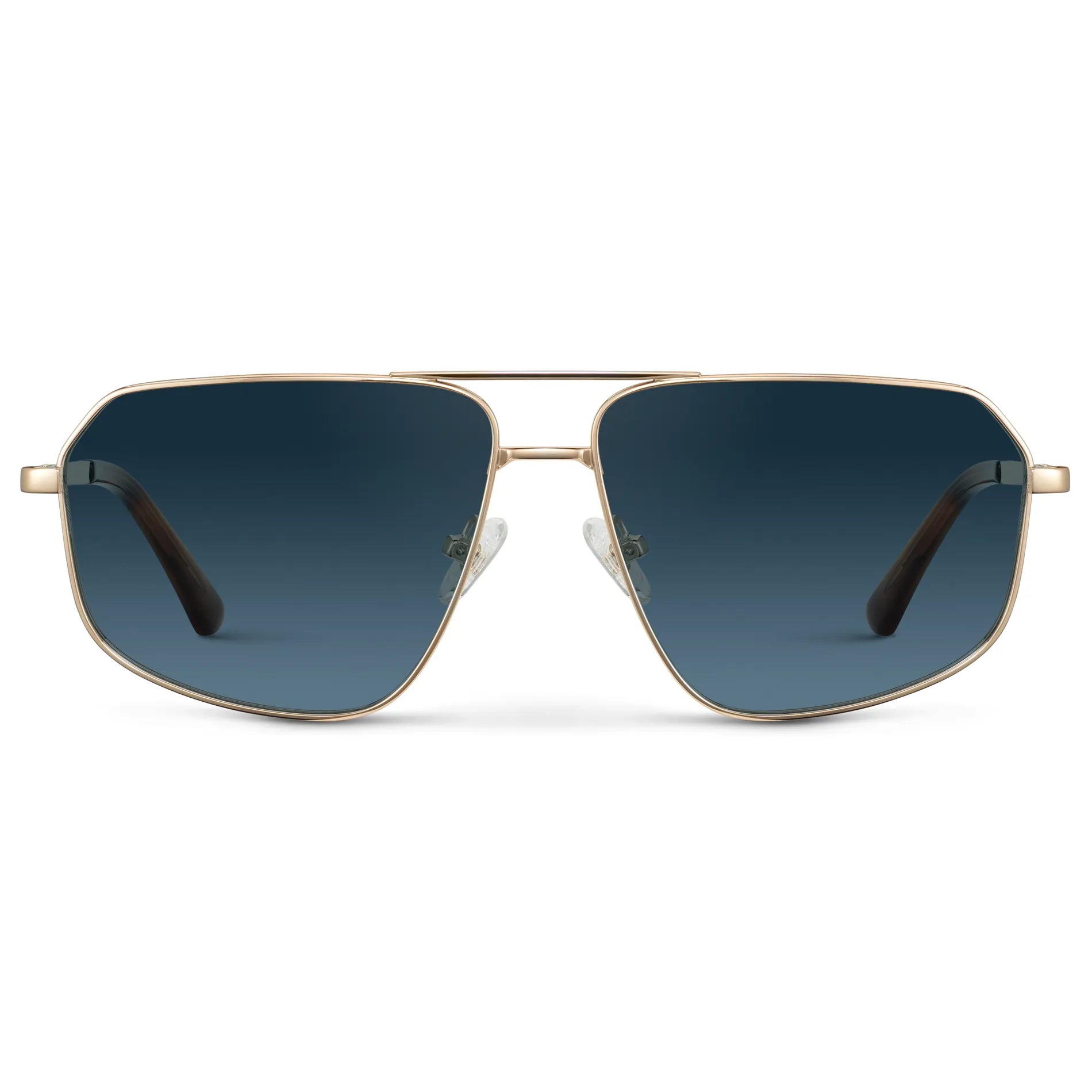Gold / Deep Blue Gradient Lens || Women's Metal Aviator Sunglasses with Gold Frame and Deep Blue Gradient Lens on a white background