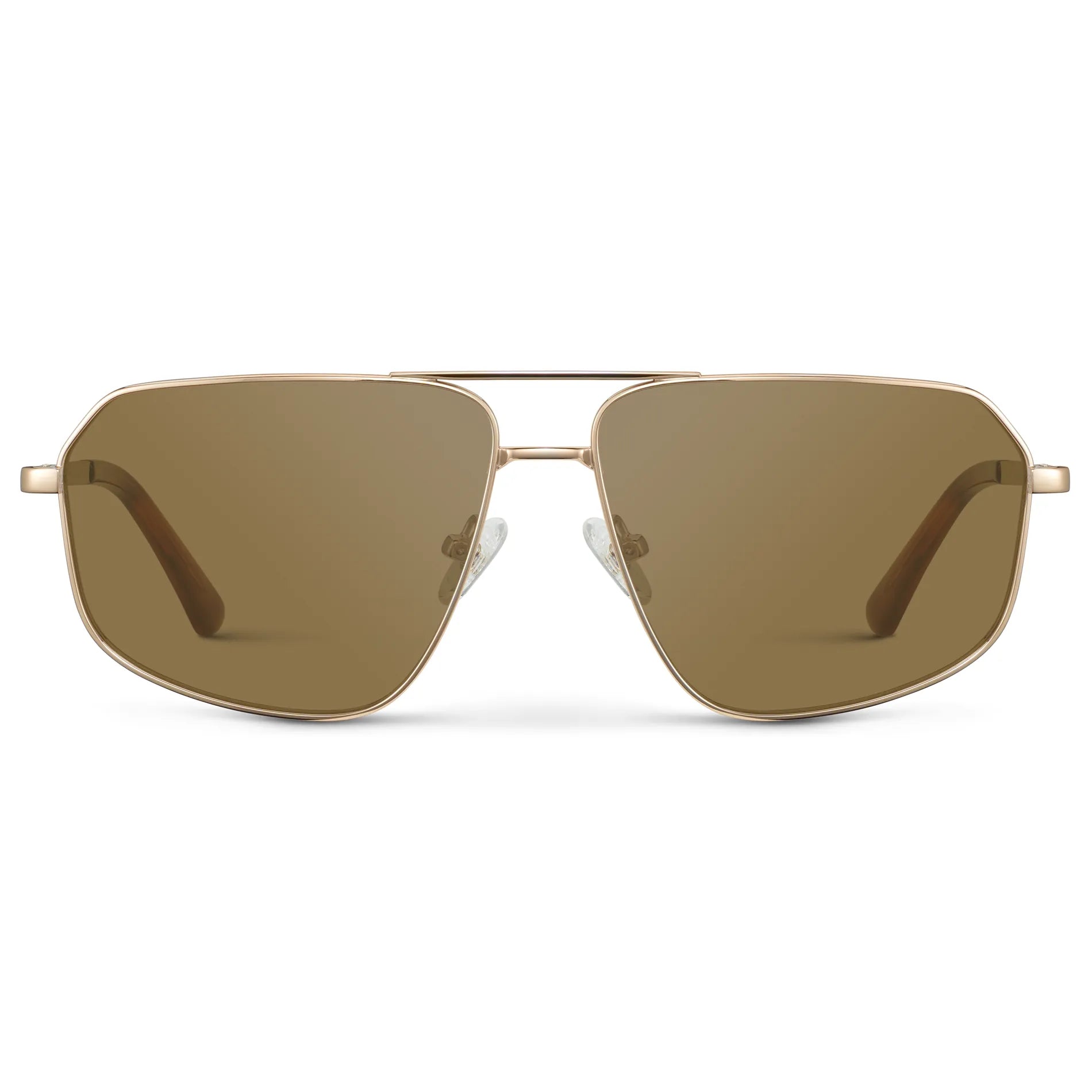 Gold / Amber || Women's Geometric Stainless Steel Aviator Prescription Sunglasses with Gold Frame and Brown Lens on a white background