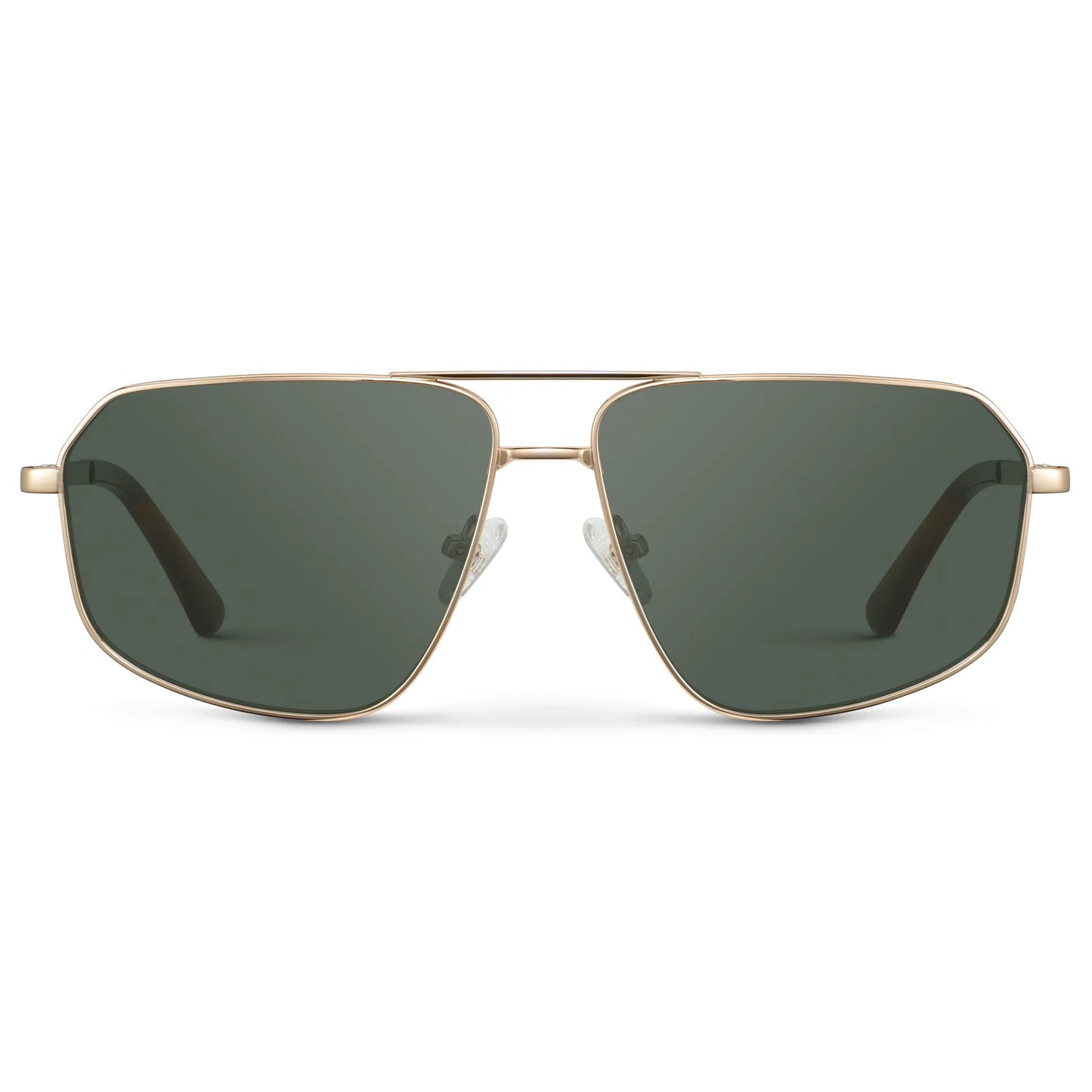 Gold / G15 || Women's Geometric Stainless Steel Aviator Prescription Sunglasses with Gold Frame and Green Lens on a white background