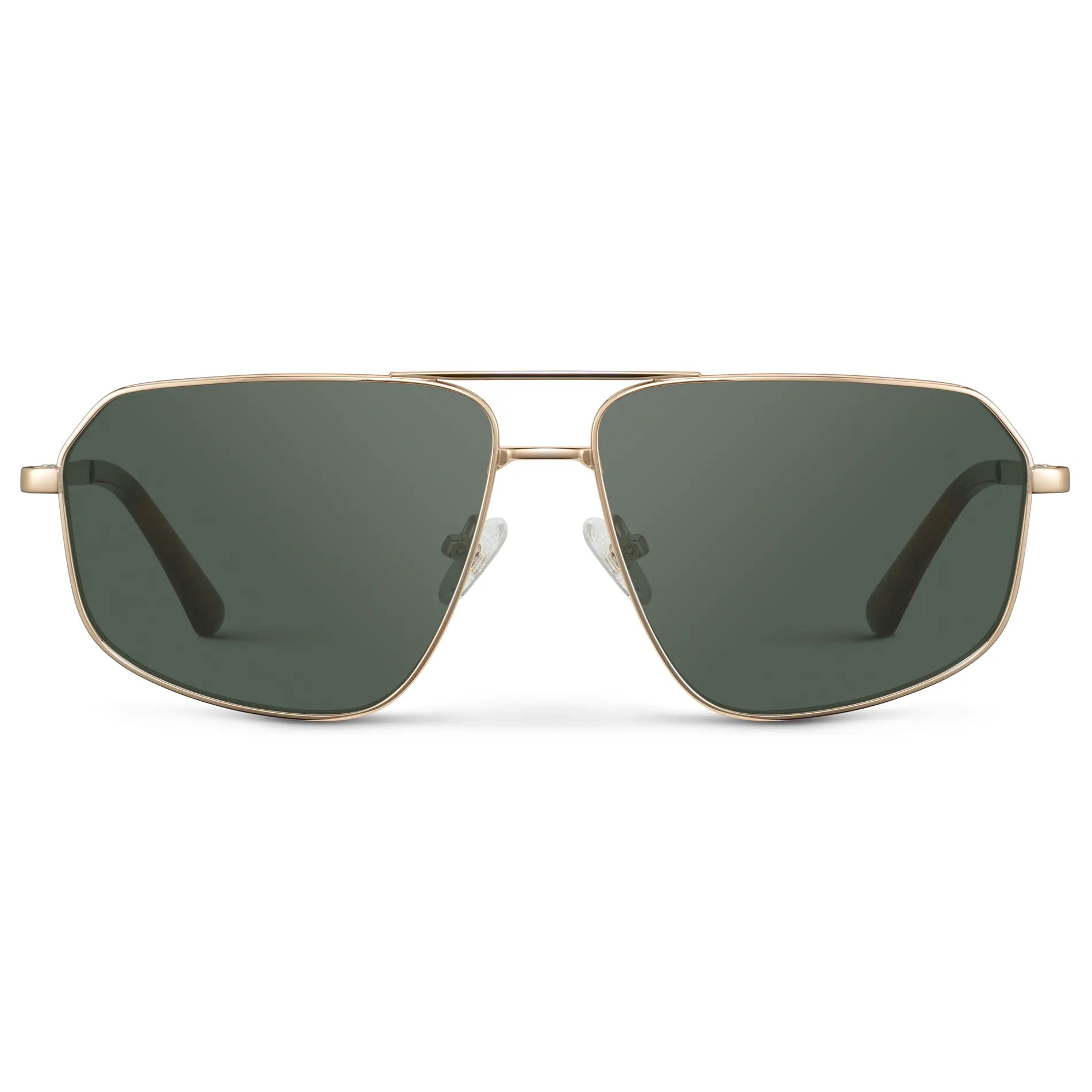Gold / G15 || Women's Geometric Stainless Steel Aviator Prescription Sunglasses with Gold Frame and Green Lens on a white background