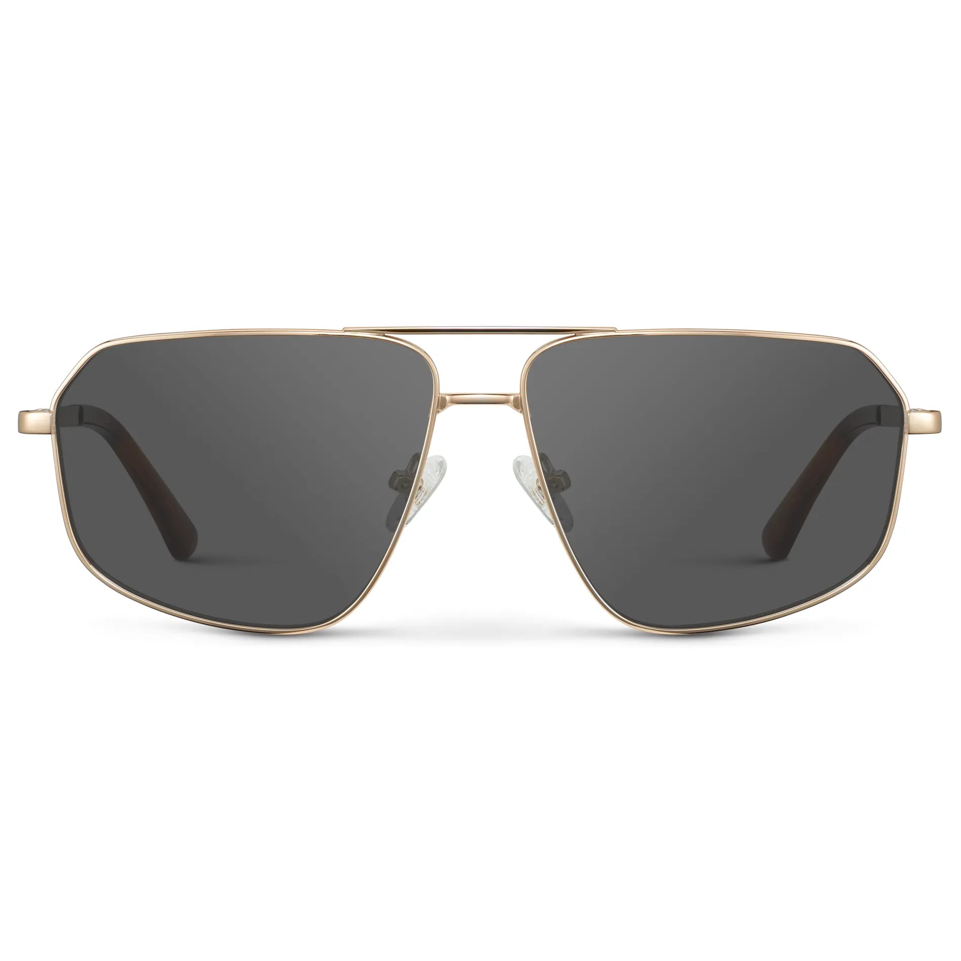Gold / Grey || Women's Geometric Stainless Steel Aviator Prescription Sunglasses with Gold Frame and Grey Lens on a white background