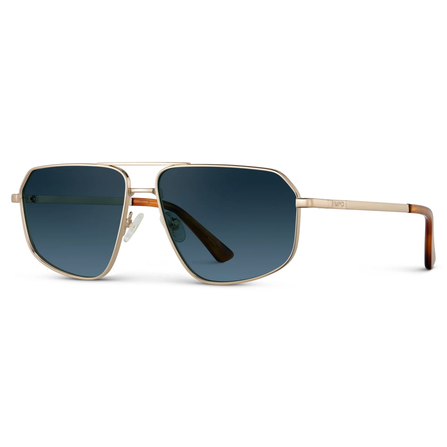 Gold / Deep Blue Gradient Lens || Side view of Women's Metal Aviator Sunglasses with Gold Frame and Deep Blue Gradient Lens on a white background
