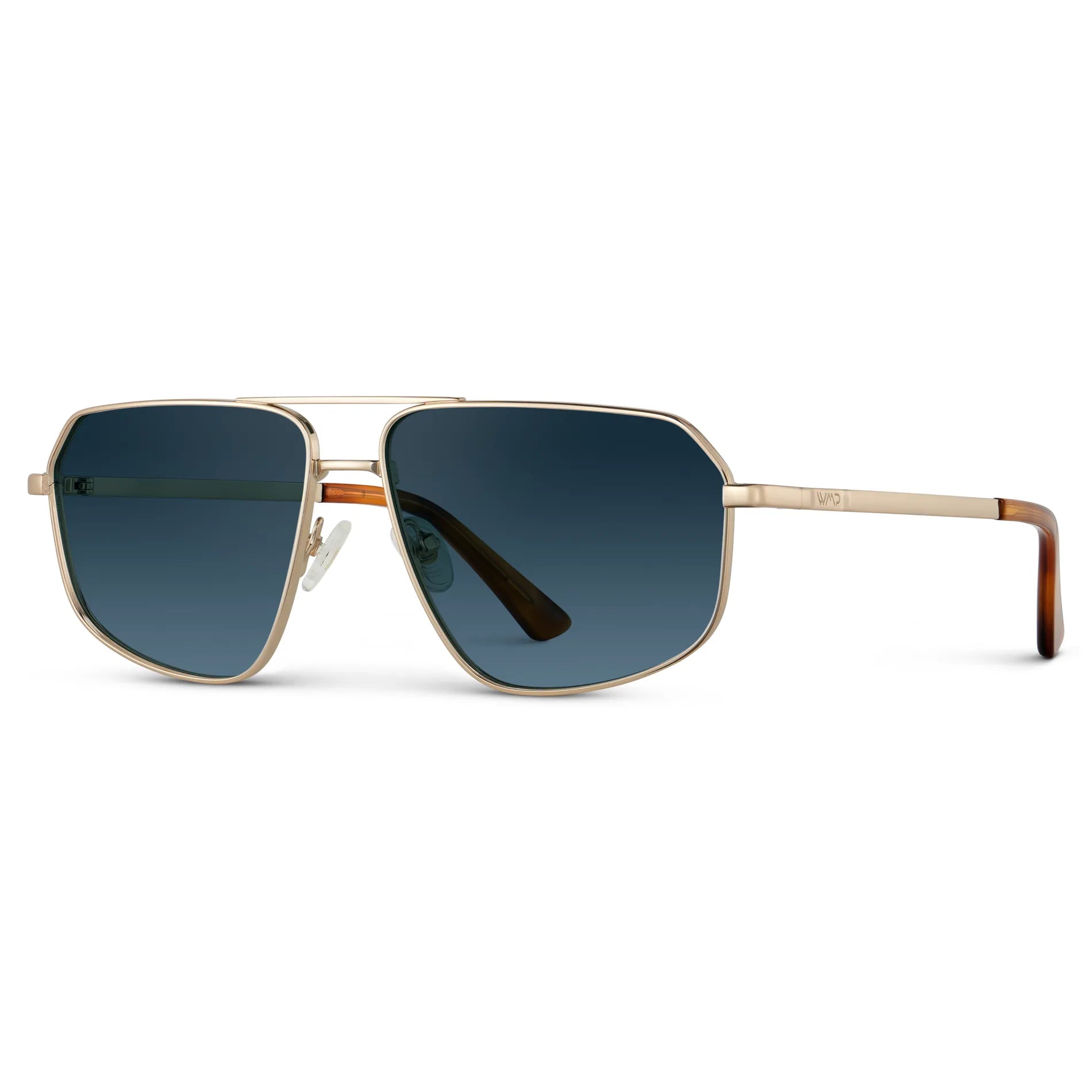 Gold / Deep Blue Gradient Lens || Side view of Women's Metal Aviator Sunglasses with Gold Frame and Deep Blue Gradient Lens on a white background