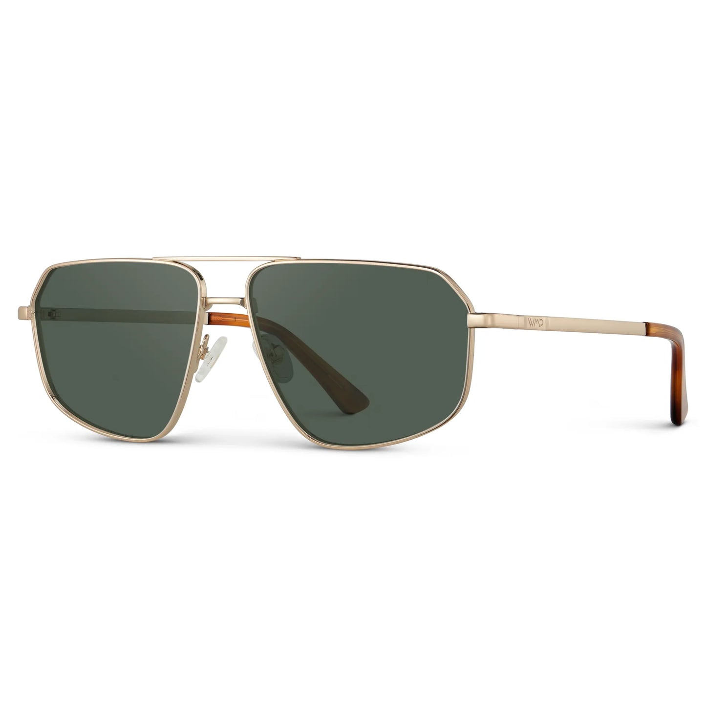 Gold / G15 || Side view of Women's Geometric Stainless Steel Aviator Prescription Sunglasses with Gold Frame and Green Lens on a white background