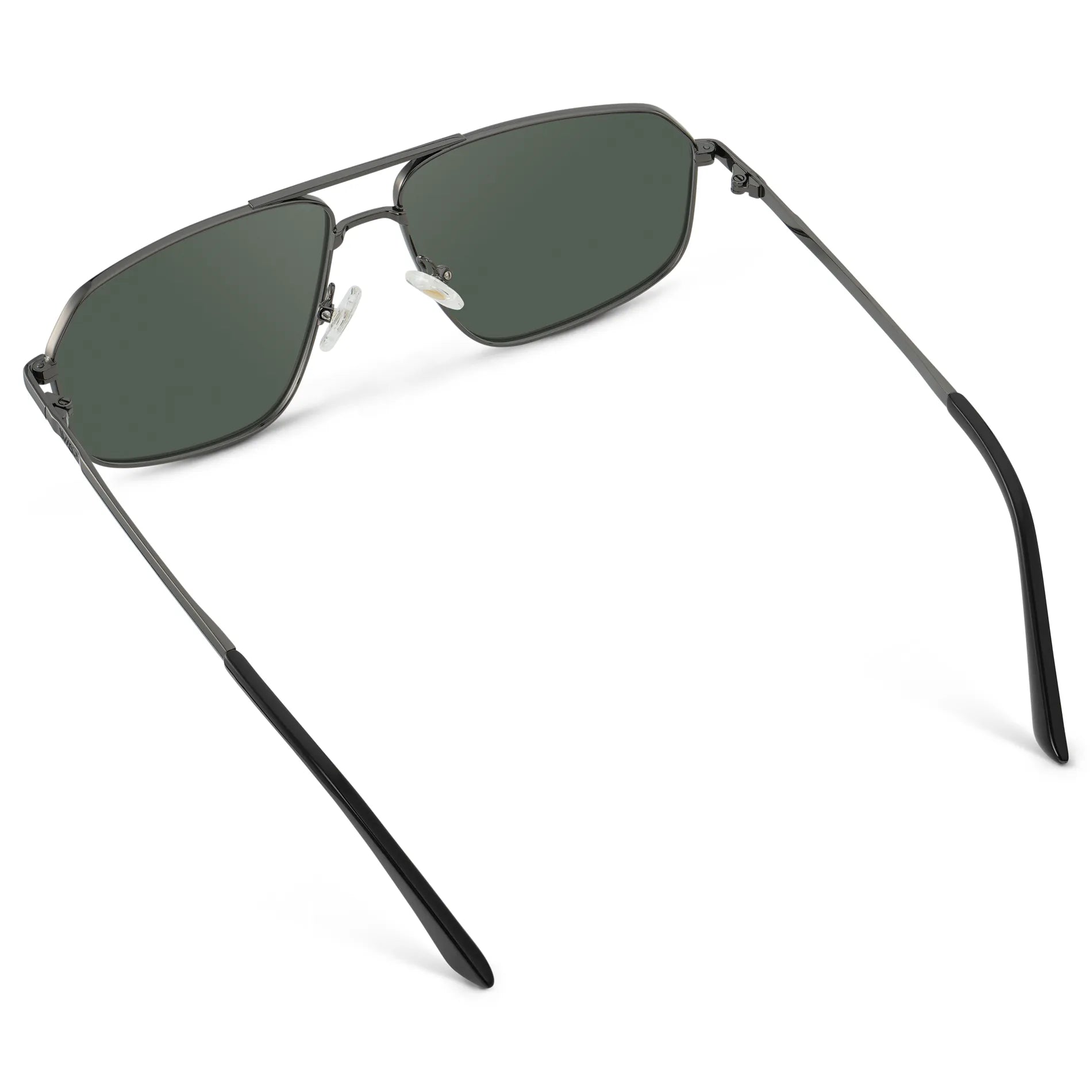 Gunmetal / G15 || Back view of Women's Geometric Stainless Steel Aviator Prescription Sunglasses with Gunmetal Frame and Green Lens on a white background