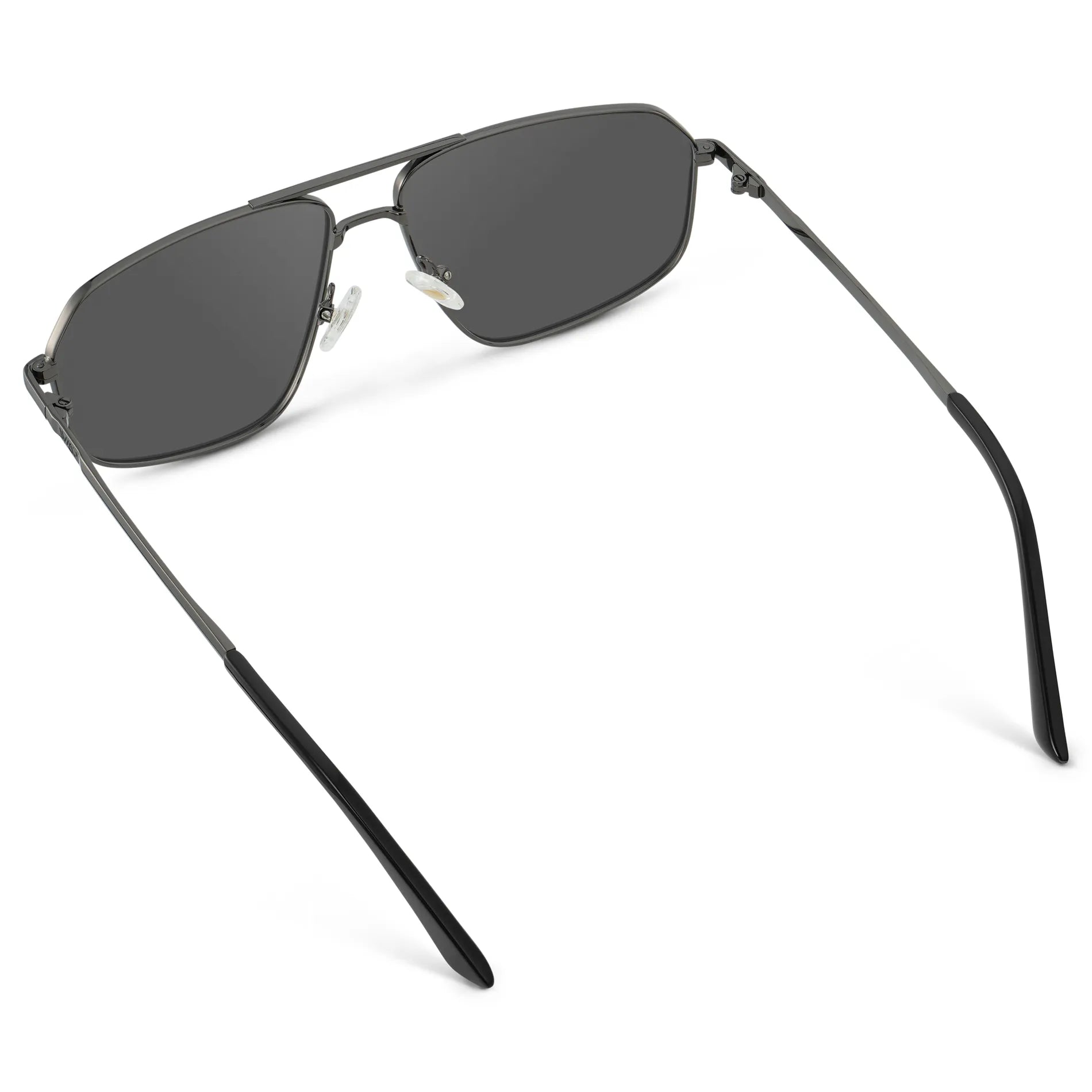 Gunmetal / Grey || Back view of Women's Geometric Stainless Steel Aviator Prescription Sunglasses with Gunmetal Frame and Grey Lens on a white background