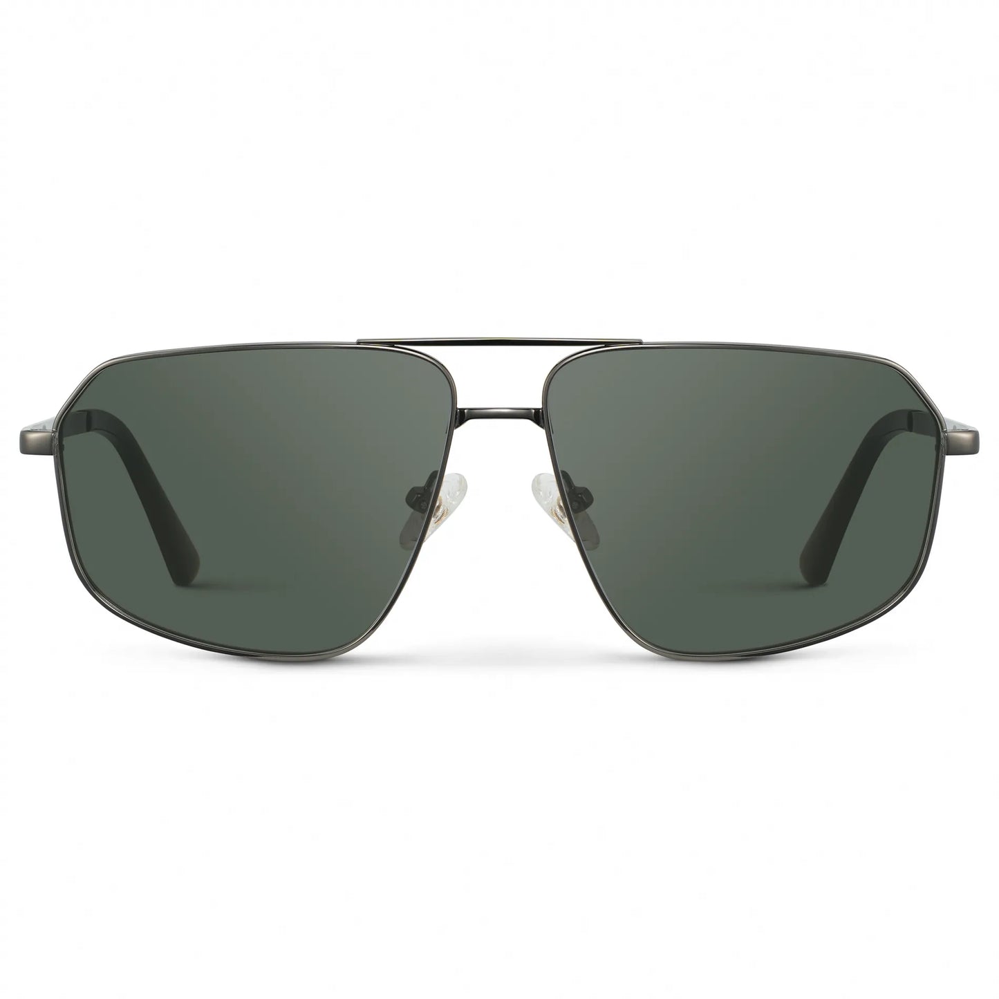 Gunmetal / G15 || Women's Geometric Stainless Steel Aviator Prescription Sunglasses with Gunmetal Frame and Green Lens on a white background