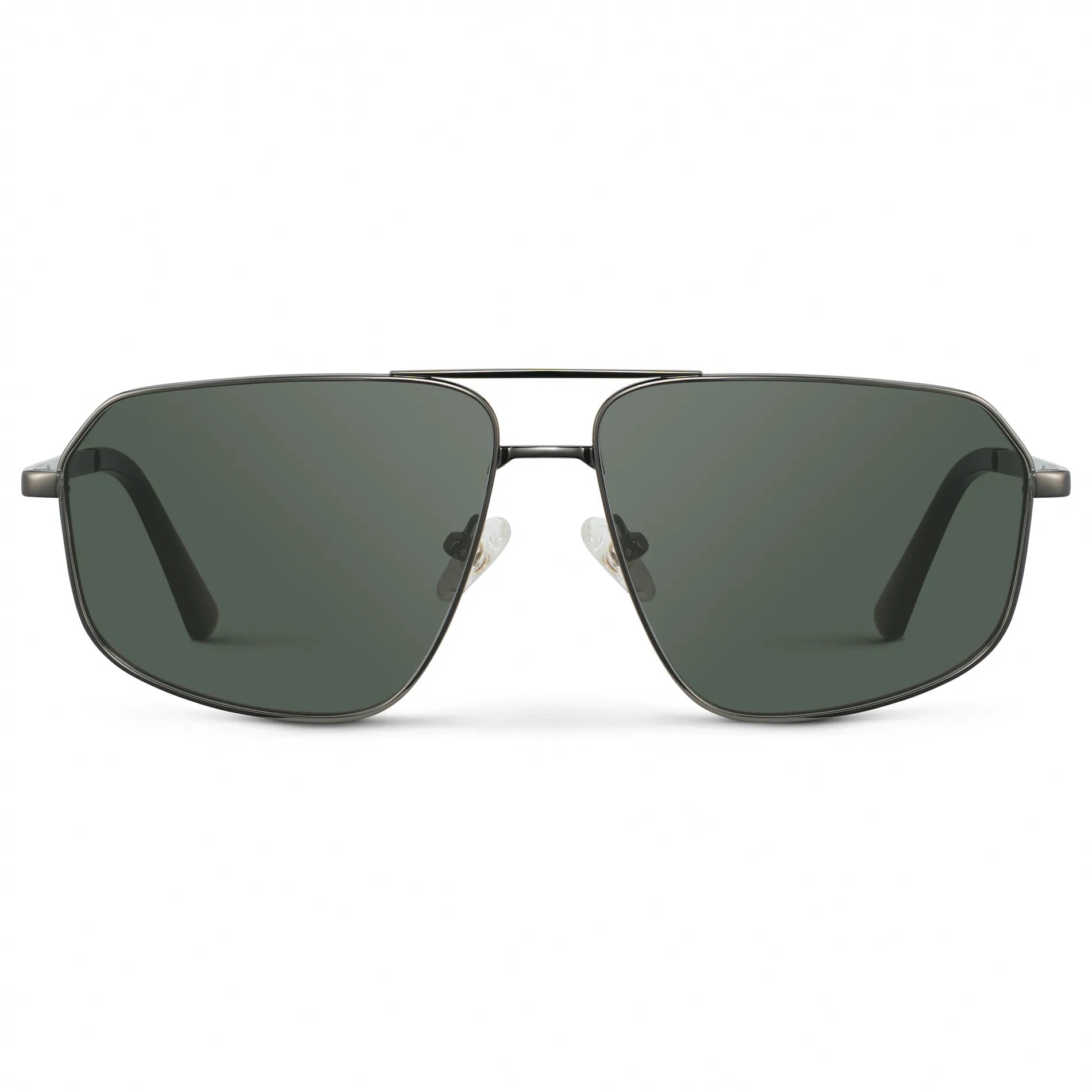 Gunmetal / G15 || Women's Geometric Stainless Steel Aviator Prescription Sunglasses with Gunmetal Frame and Green Lens on a white background