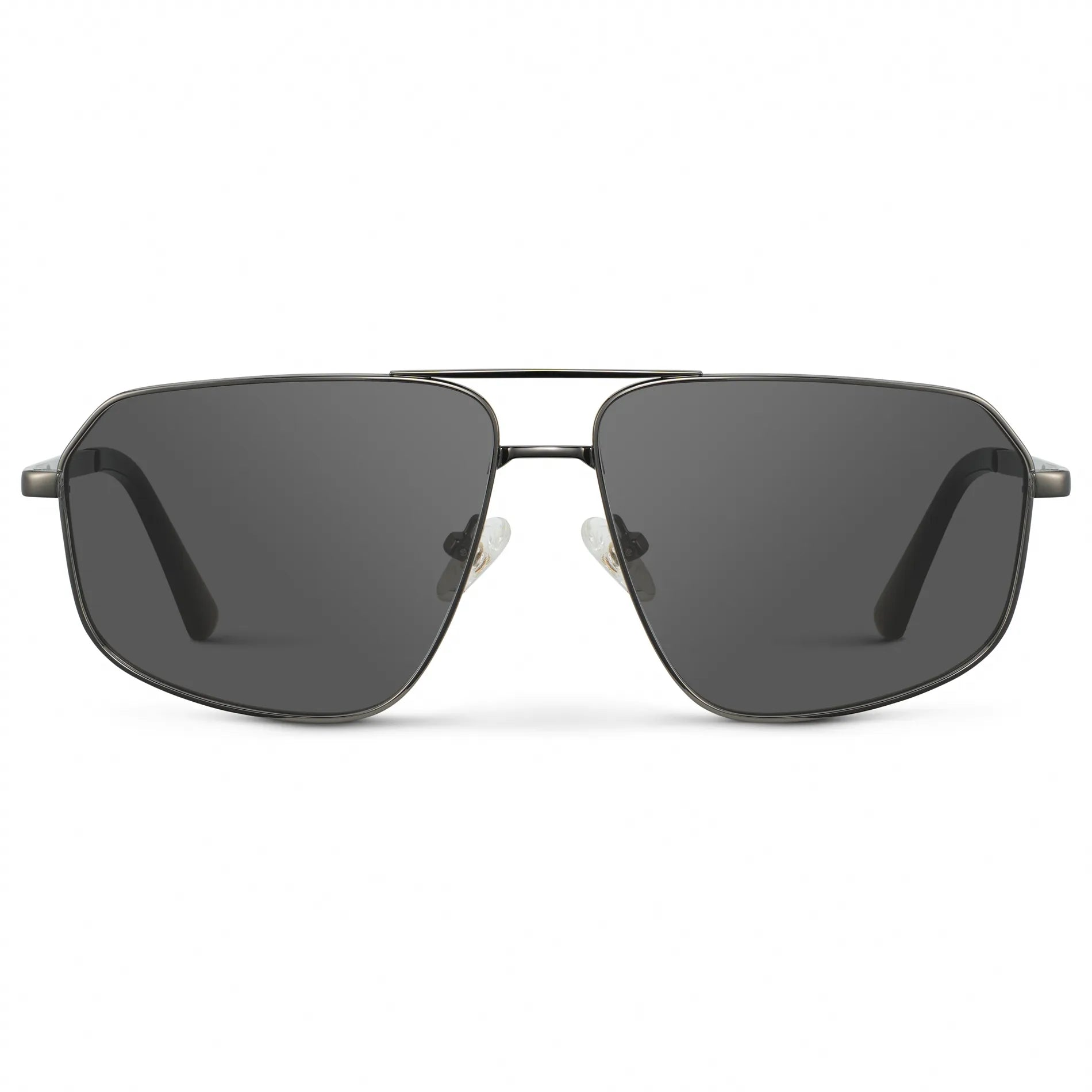 Gunmetal / Grey || Women's Geometric Stainless Steel Aviator Prescription Sunglasses with Gunmetal Frame and Grey Lens on a white background