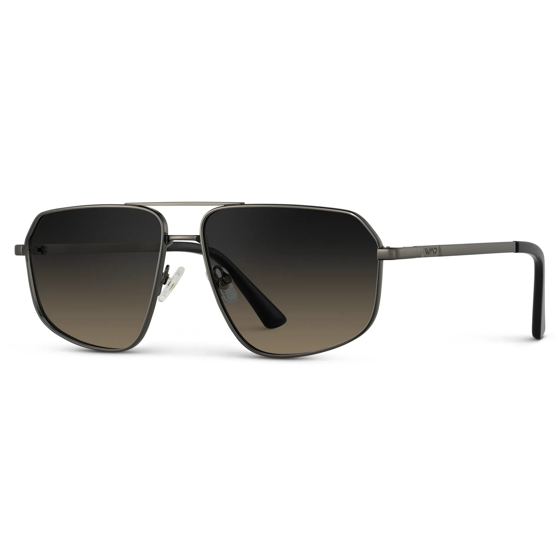 Gunmetal / Grey Brown Gradient Lens || Side view of Women's Metal Aviator Sunglasses with Grey Frame and Grey Brown Gradient Lens on a white background
