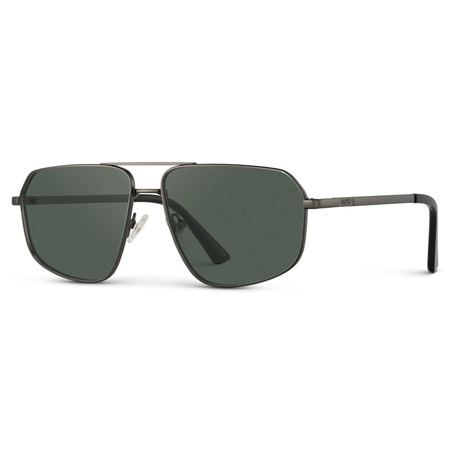 Gunmetal / G15 || Side view of Women's Geometric Stainless Steel Aviator Prescription Sunglasses with Gunmetal Frame and Green Lens on a white background