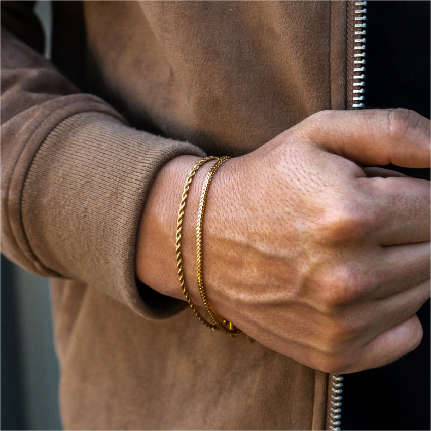 Gold || Minimal Men's Bracelet Set with Adjustable Twisted Rope and Fox Tail 14K Gold Plated Chains