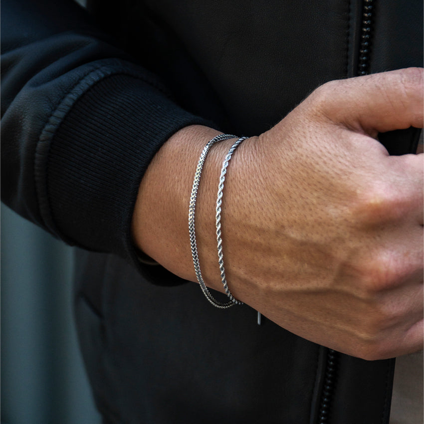 Silver || Minimal Men's Bracelet Set with Adjustable Twisted Rope and Fox Tail Stainless Steel Chains