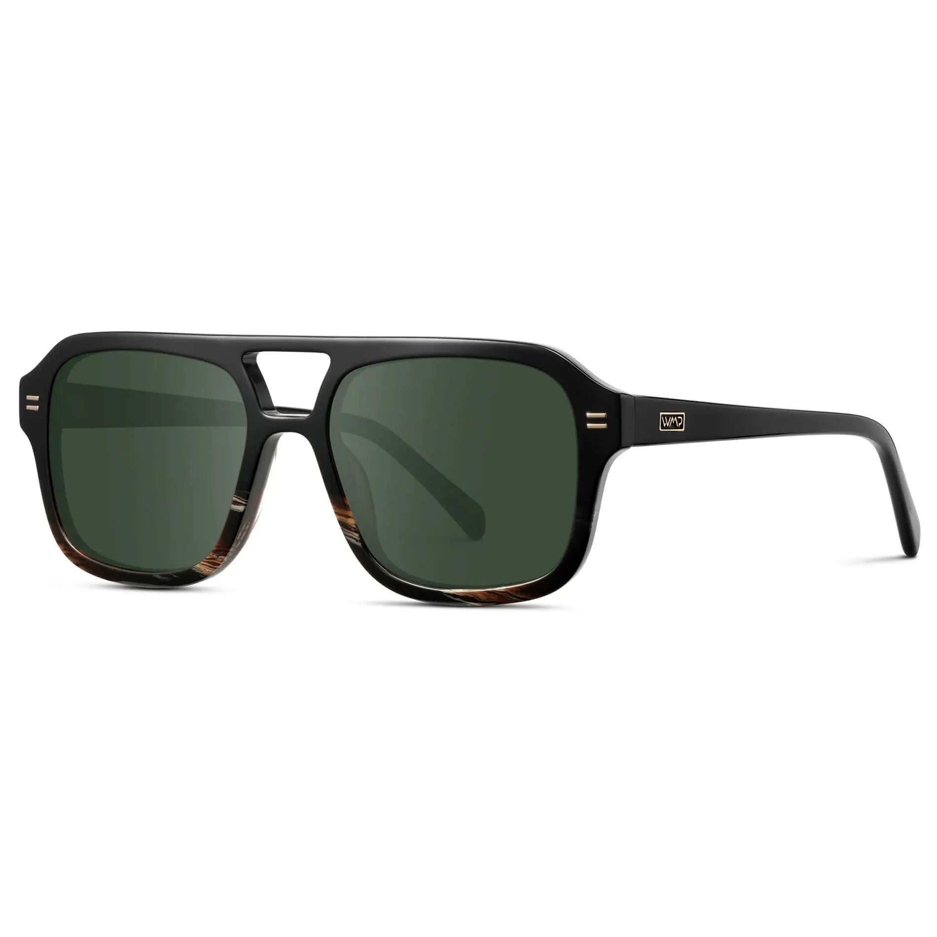 Black Mineral / G15 || Side view of Women's Oversized Square Prescription Sunglasses with Black Mineral Frame and Green Lenses on a white background
