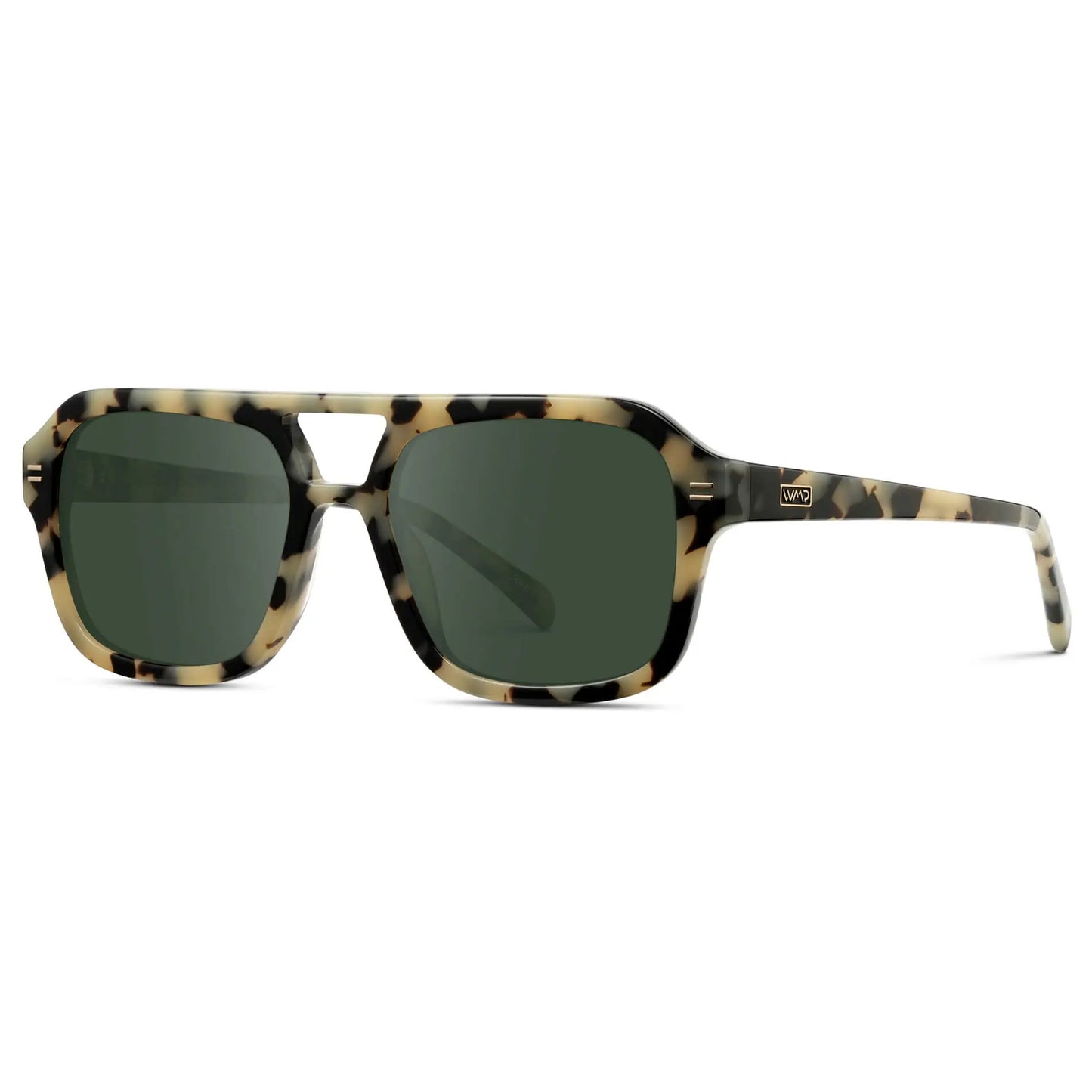 Beige Tortoise / G15 || Side view of Women's Oversized Square Prescription Sunglasses with Beige Tortoise Frame and Green Lenses on a white background