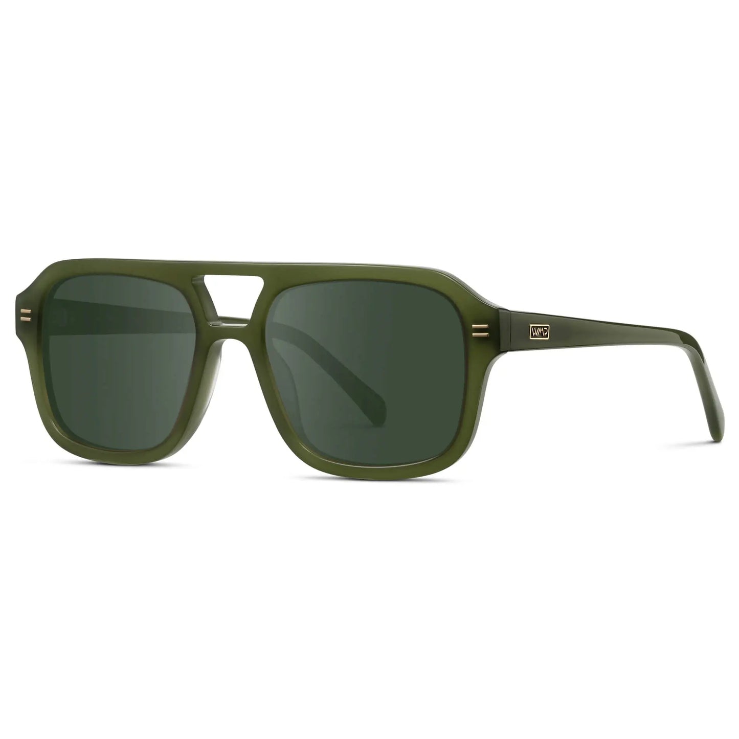 Olive Green / G15 || Side view of Women's Oversized Square Prescription Sunglasses with Olive Green Frame and Green Lenses on a white background