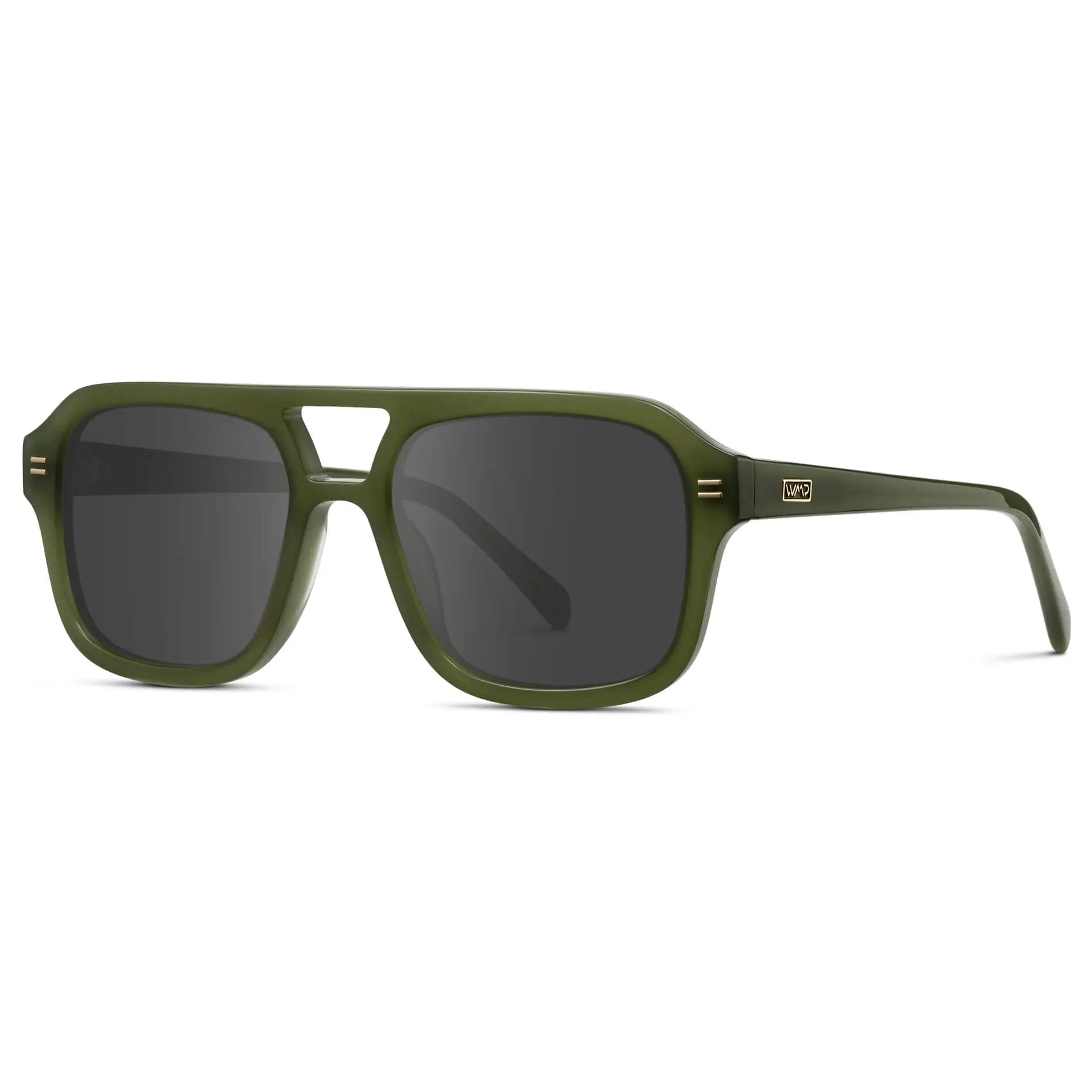 Olive Green / Grey || Side view of Women's Oversized Square Prescription Sunglasses with Olive Green Frame and Grey Lenses on a white background