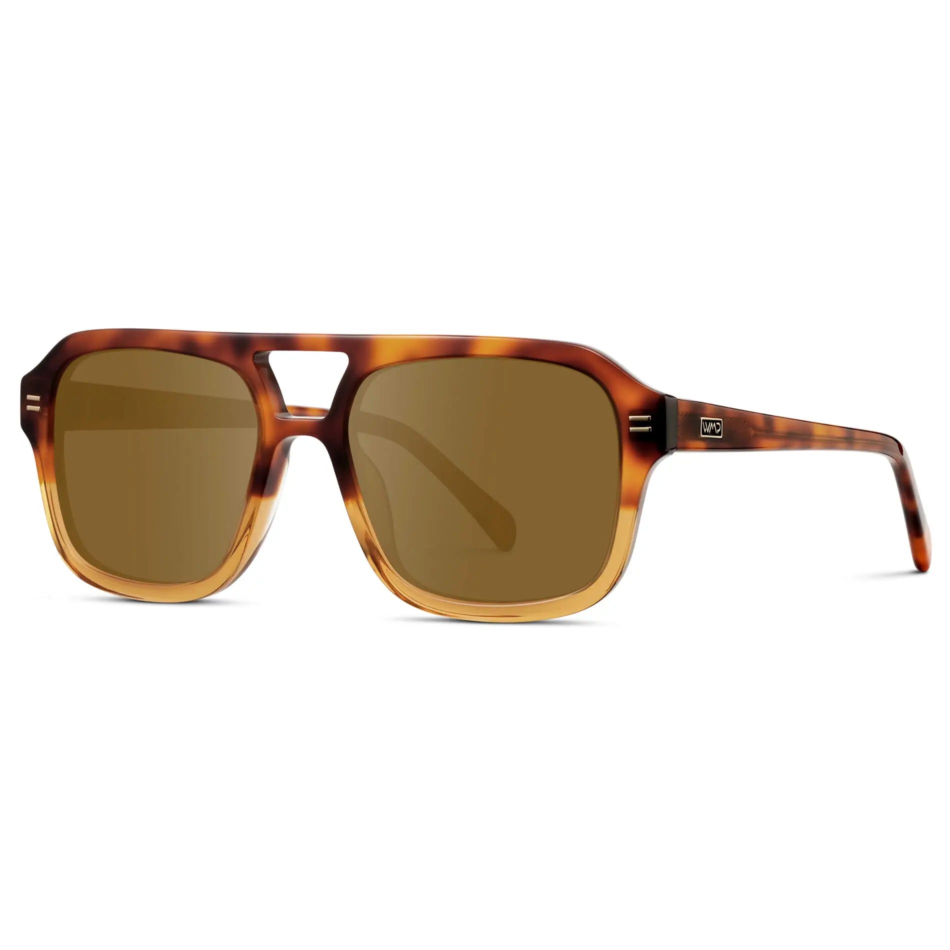 Sunset Tortoise / Amber || Side view of Women's Oversized Square Prescription Sunglasses with Sunset Tortoise Frame and Brown Lenses on a white background