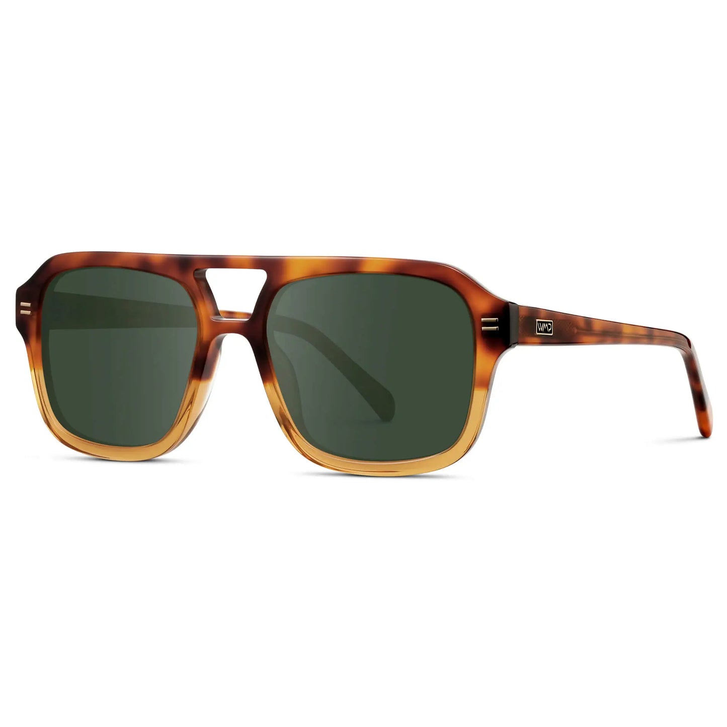 Sunset Tortoise / G15 || Side view of Women's Oversized Square Prescription Sunglasses with Sunset Tortoise Frame and Green Lenses on a white background