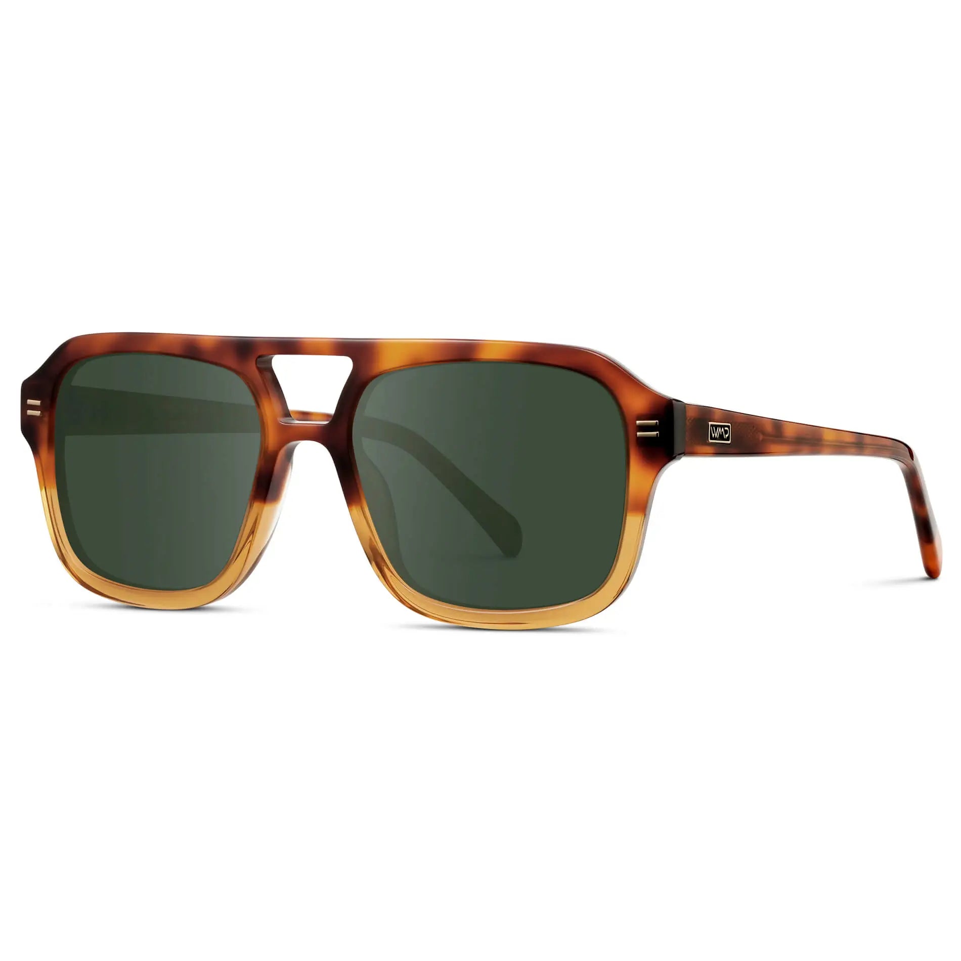 Sunset Tortoise / G15 || Side view of Women's Oversized Square Prescription Sunglasses with Sunset Tortoise Frame and Green Lenses on a white background