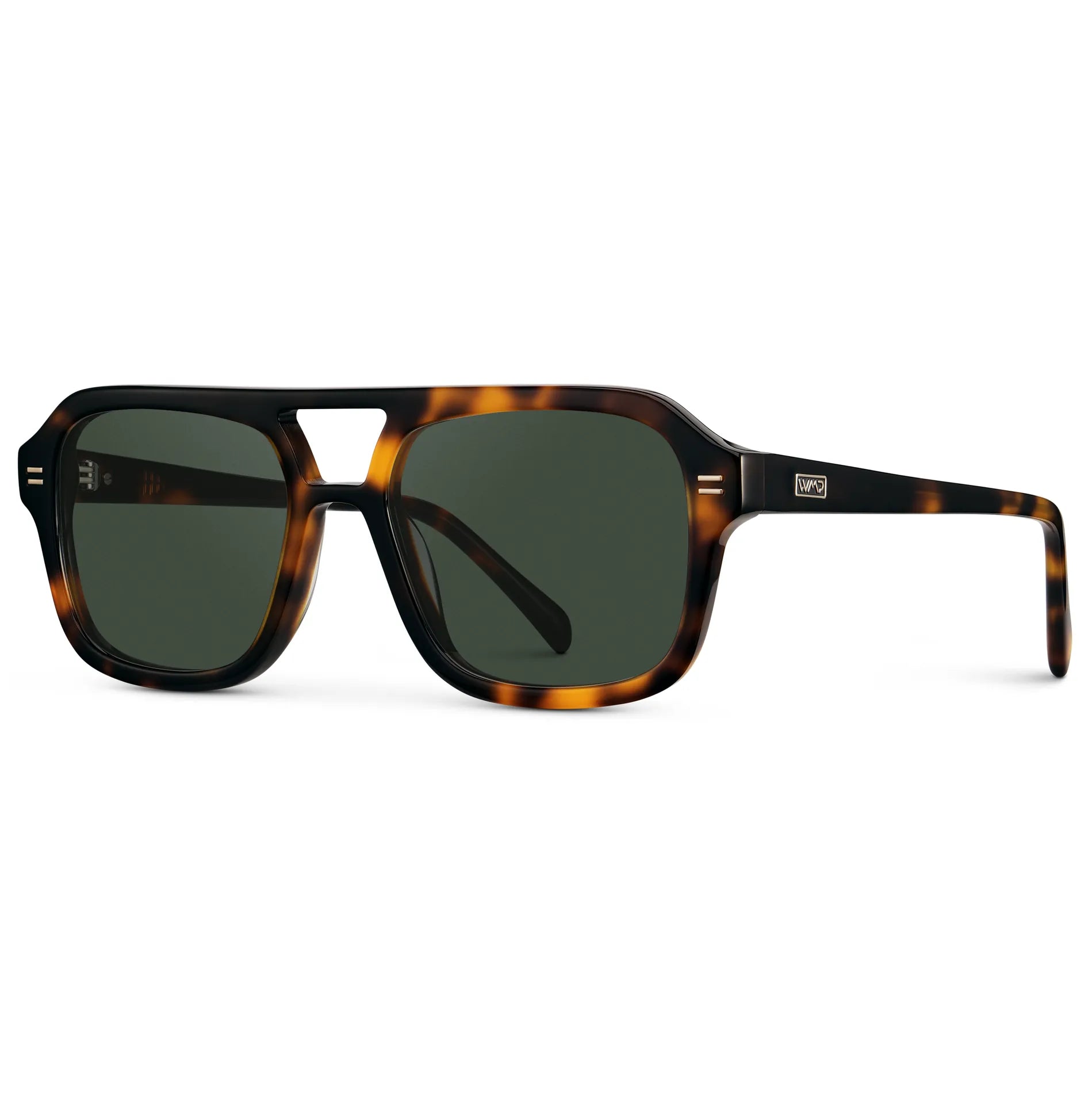 Brown Tortoise / G15 || Side view of Women's Oversized Square Prescription Sunglasses with Brown Tortoise Frame and Green Lenses on a white background