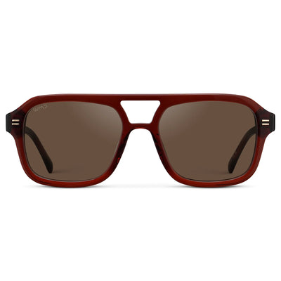 Red Garnet / Brown Lens || Front view of Women's Oversized Square Aviator Sunglasses with Red Garnet Frame and Brown Polarized Lenses on a white background