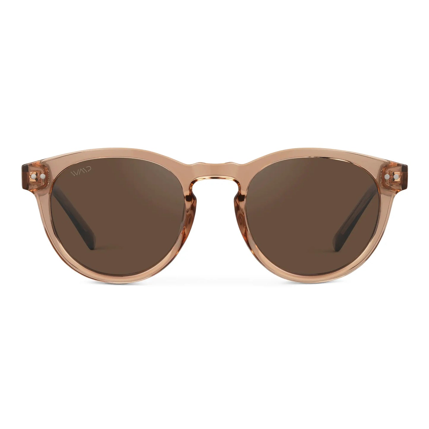 Light Crystal Brown / Brown Lens || Women's Brown Round Frame Sunglasses with Brown Polarized Lenses on a white background