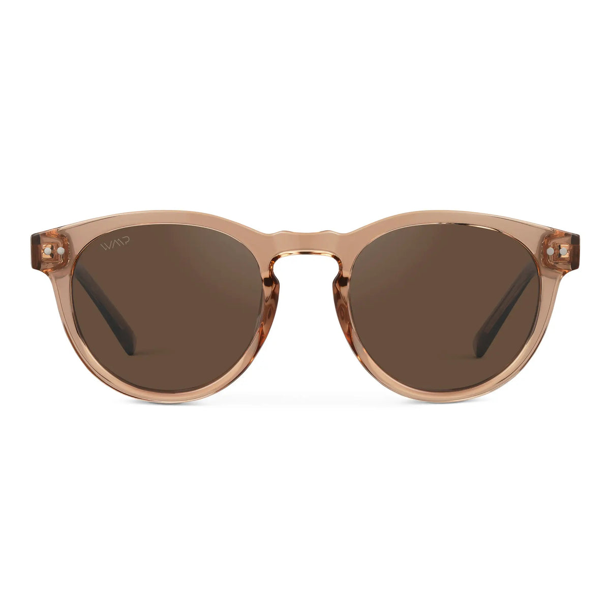 Light Crystal Brown / Brown Lens || Women's Brown Round Frame Sunglasses with Brown Polarized Lenses on a white background