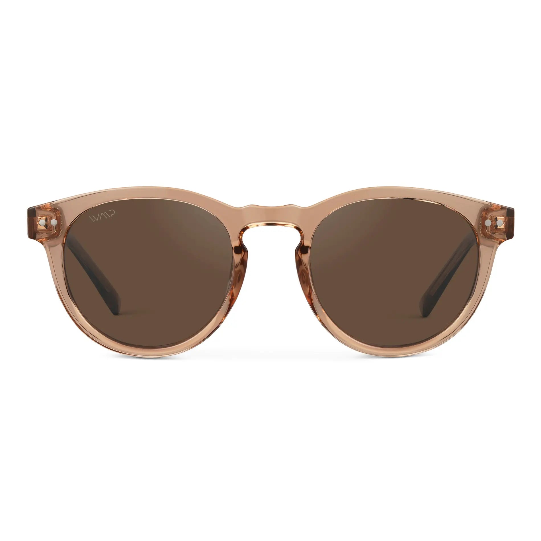 Light Crystal Brown / Brown Lens || Women's Brown Round Frame Sunglasses with Brown Polarized Lenses on a white background