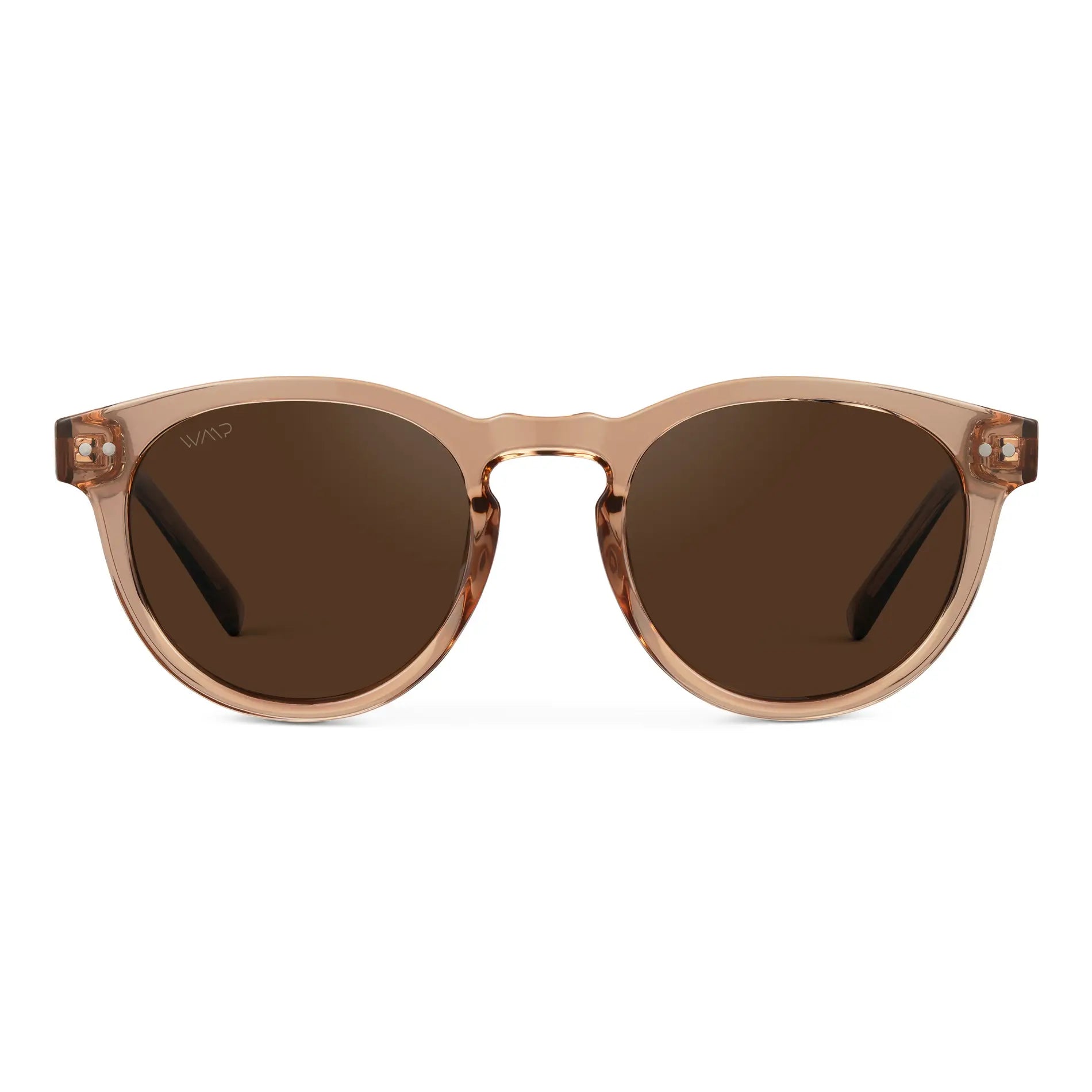 Light Crystal Brown / Brown Lens || Women's Brown Round Frame Sunglasses with Brown Polarized Lenses on a white background