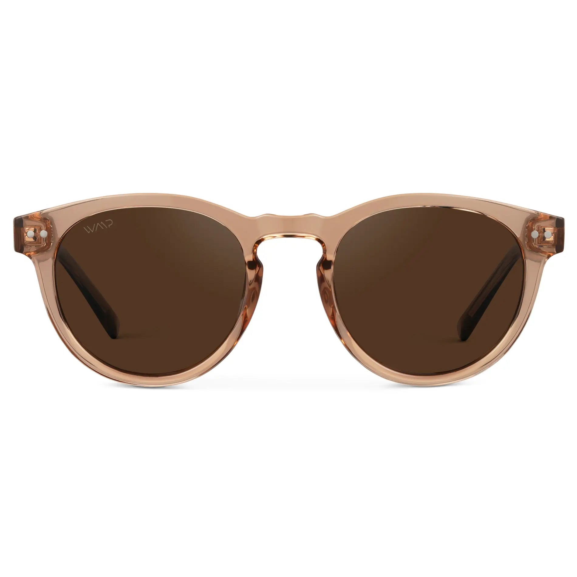 Light Crystal Brown / Brown Lens || Women's Brown Round Frame Sunglasses with Brown Polarized Lenses on a white background
