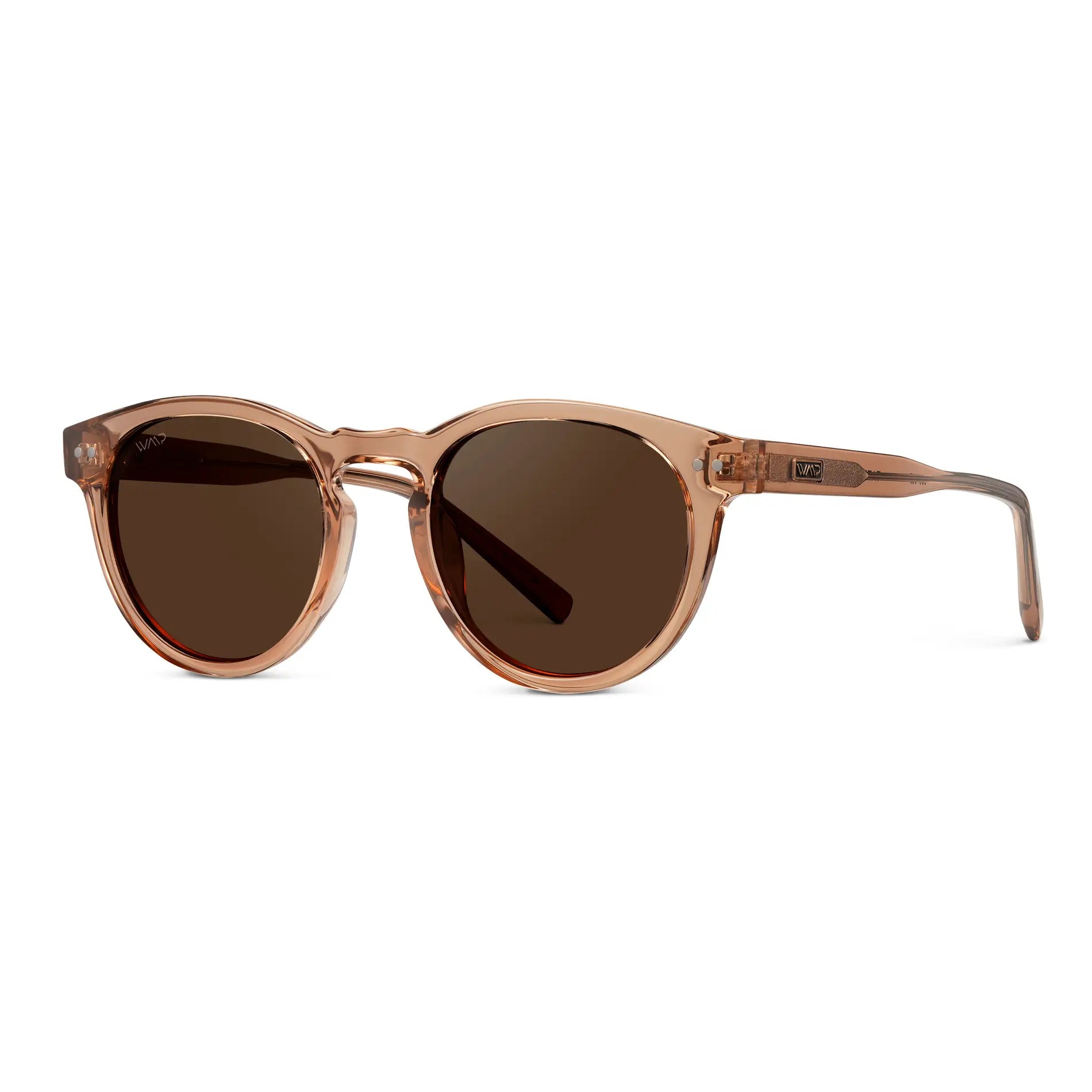 Light Crystal Brown / Brown Lens || Side view of Women's Brown Round Frame Sunglasses with Brown Polarized Lenses on a white background