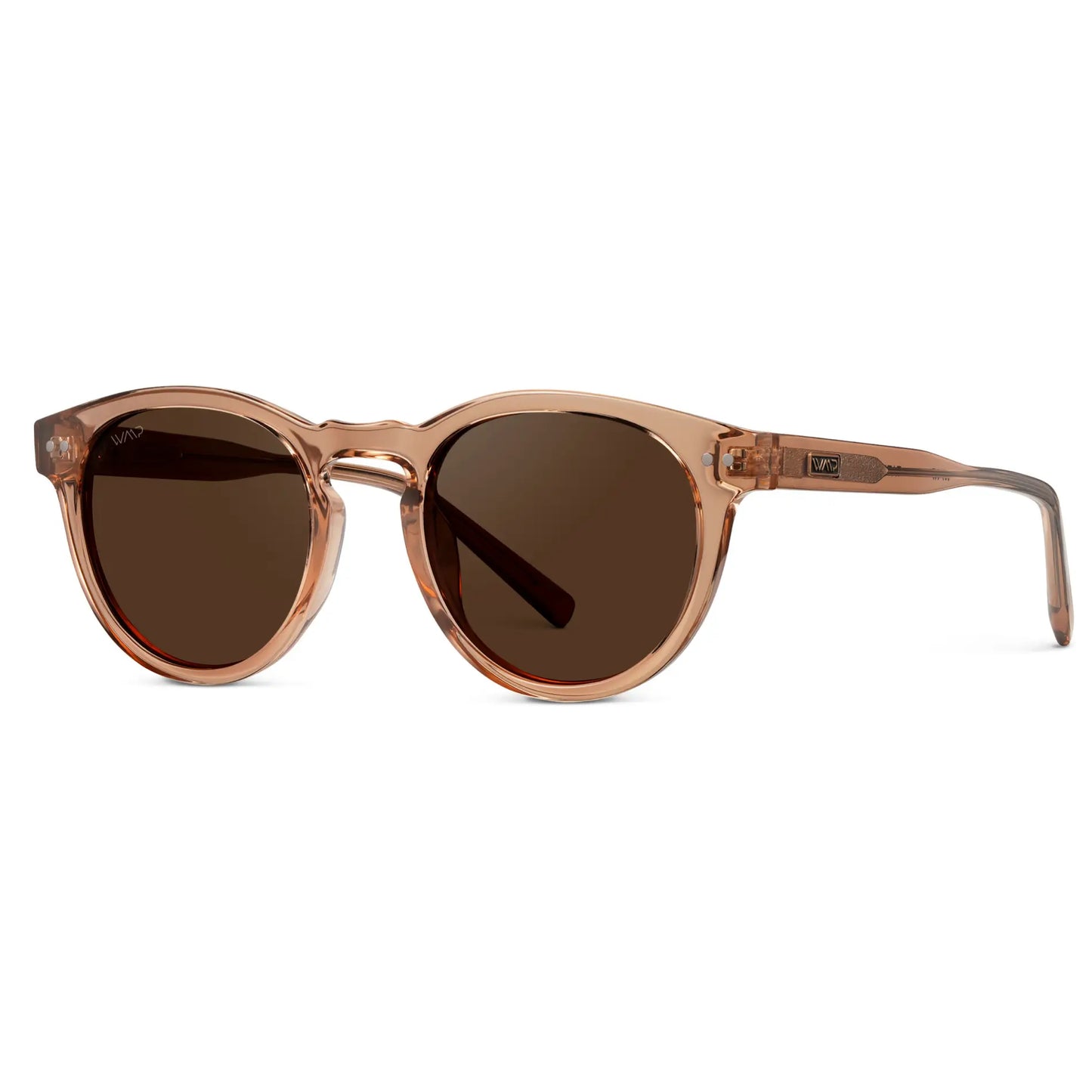 Light Crystal Brown / Brown Lens || Side view of Women's Brown Round Frame Sunglasses with Brown Polarized Lenses on a white background