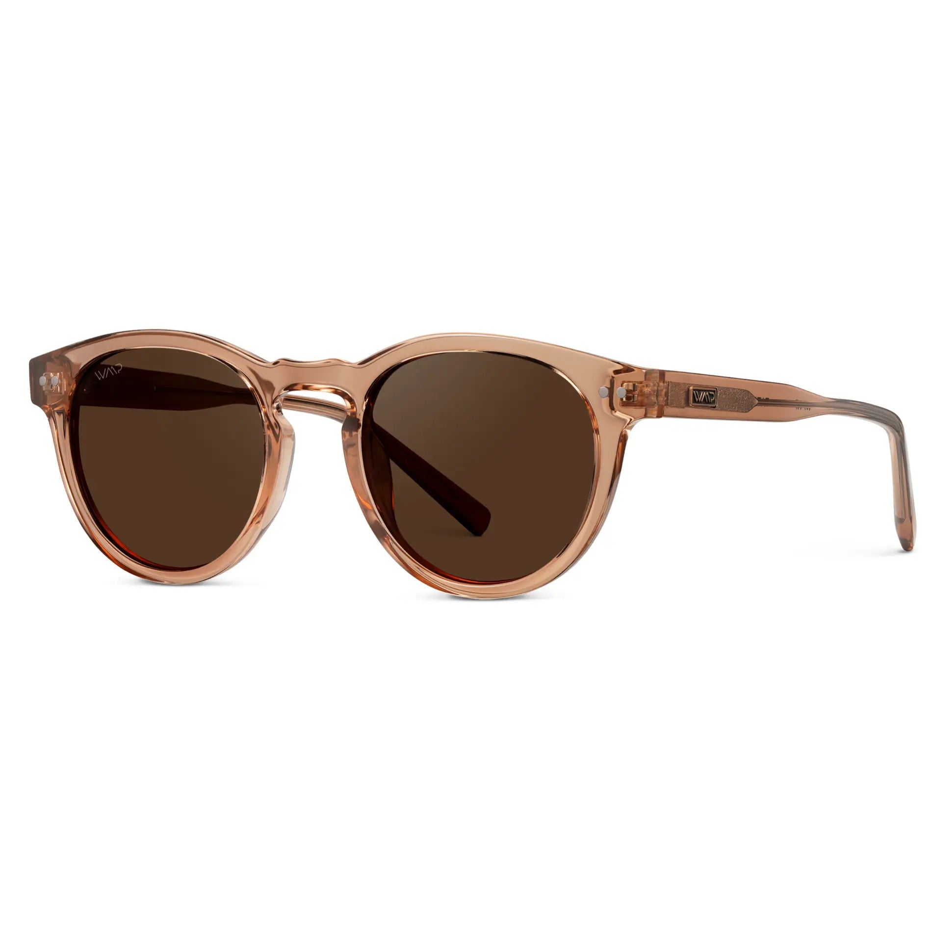 Light Crystal Brown / Brown Lens || Side view of Women's Brown Round Frame Sunglasses with Brown Polarized Lenses on a white background