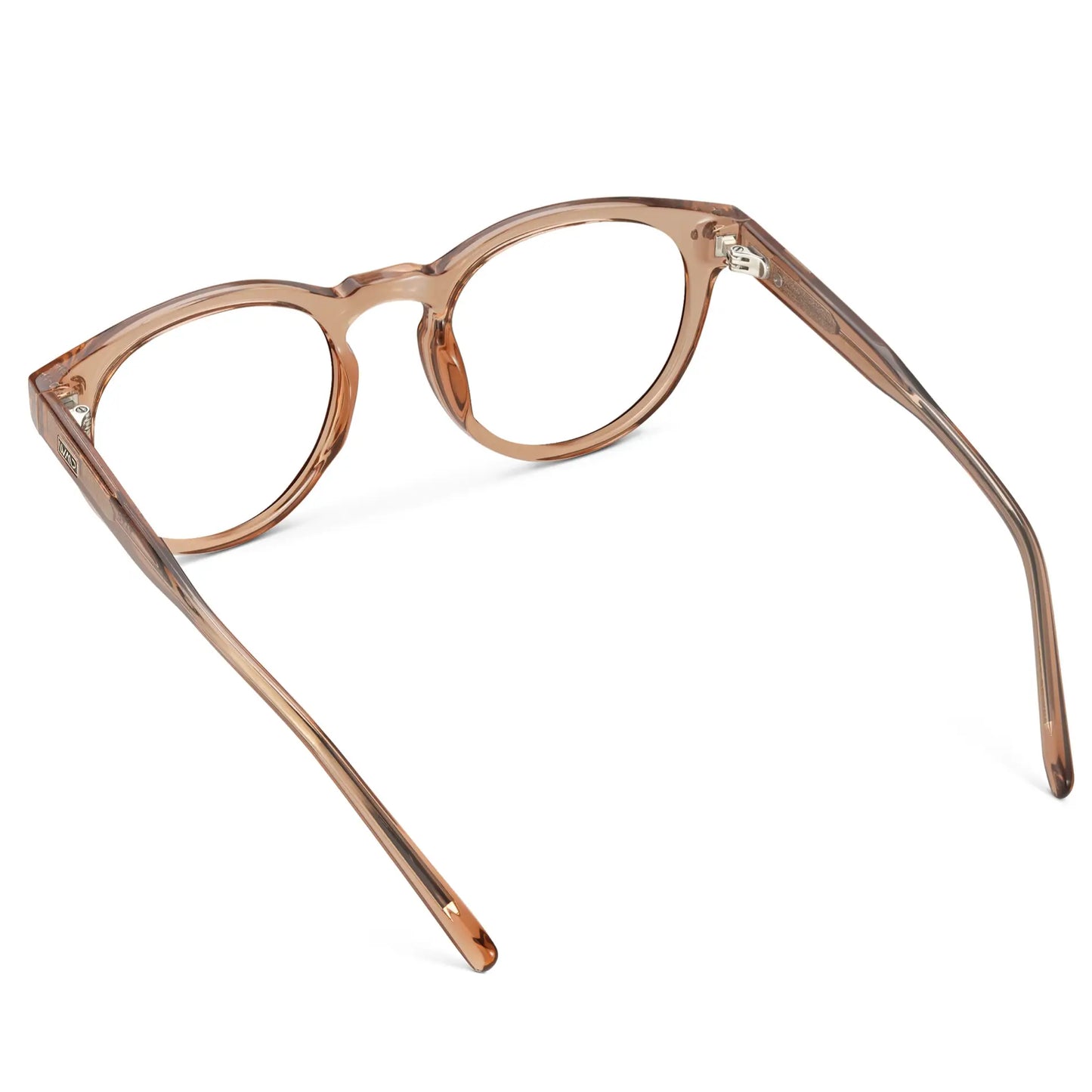 Light Crystal Brown || Back view of Women's Round Prescription Glasses with Brown Frame and Clear Lenses on a white background