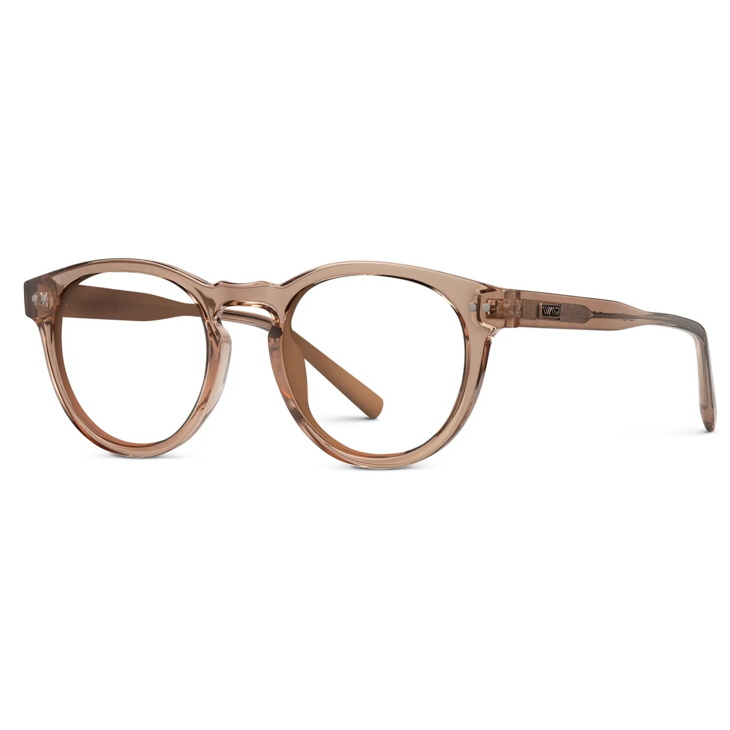 Light Crystal Brown || Side view of Women's Round Prescription Glasses with Brown Frame and Clear Lenses on a white background