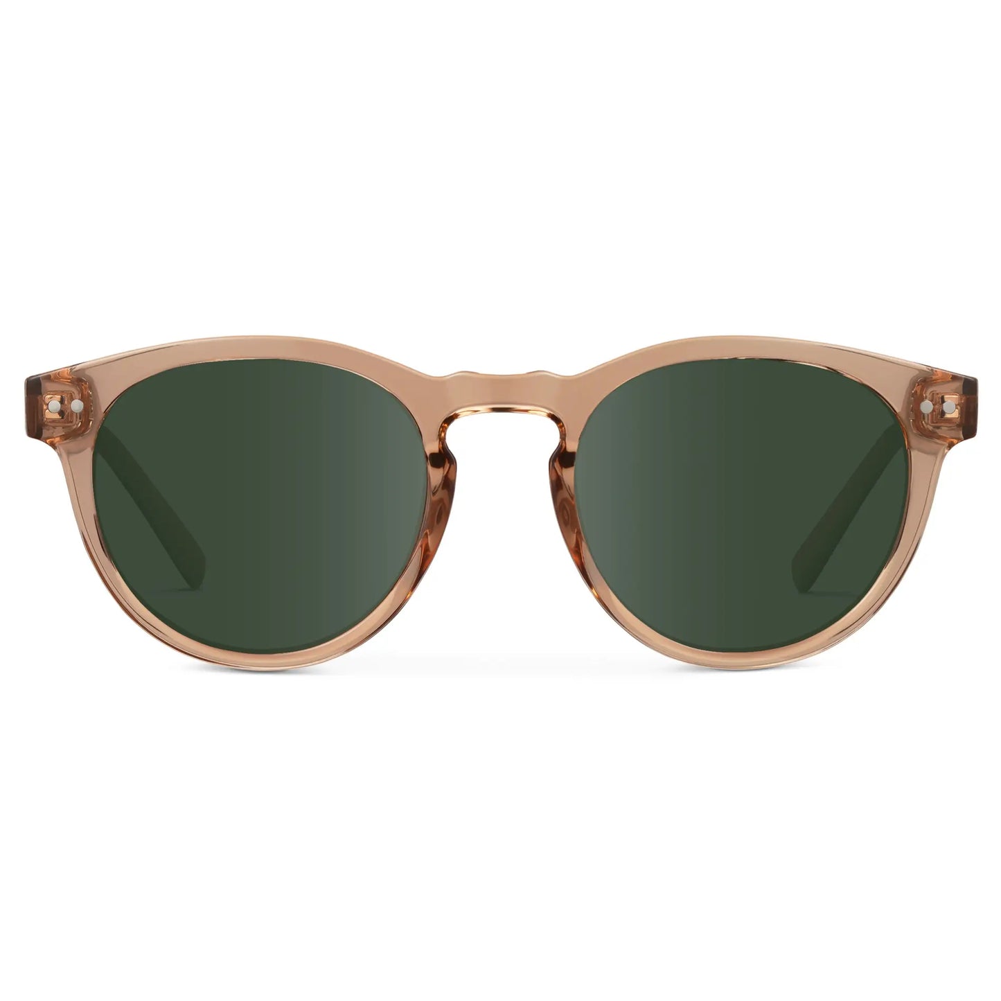 Light Crystal Brown / G15 || Brown Round Frame Prescription Sunglasses with Green Lenses on a white background