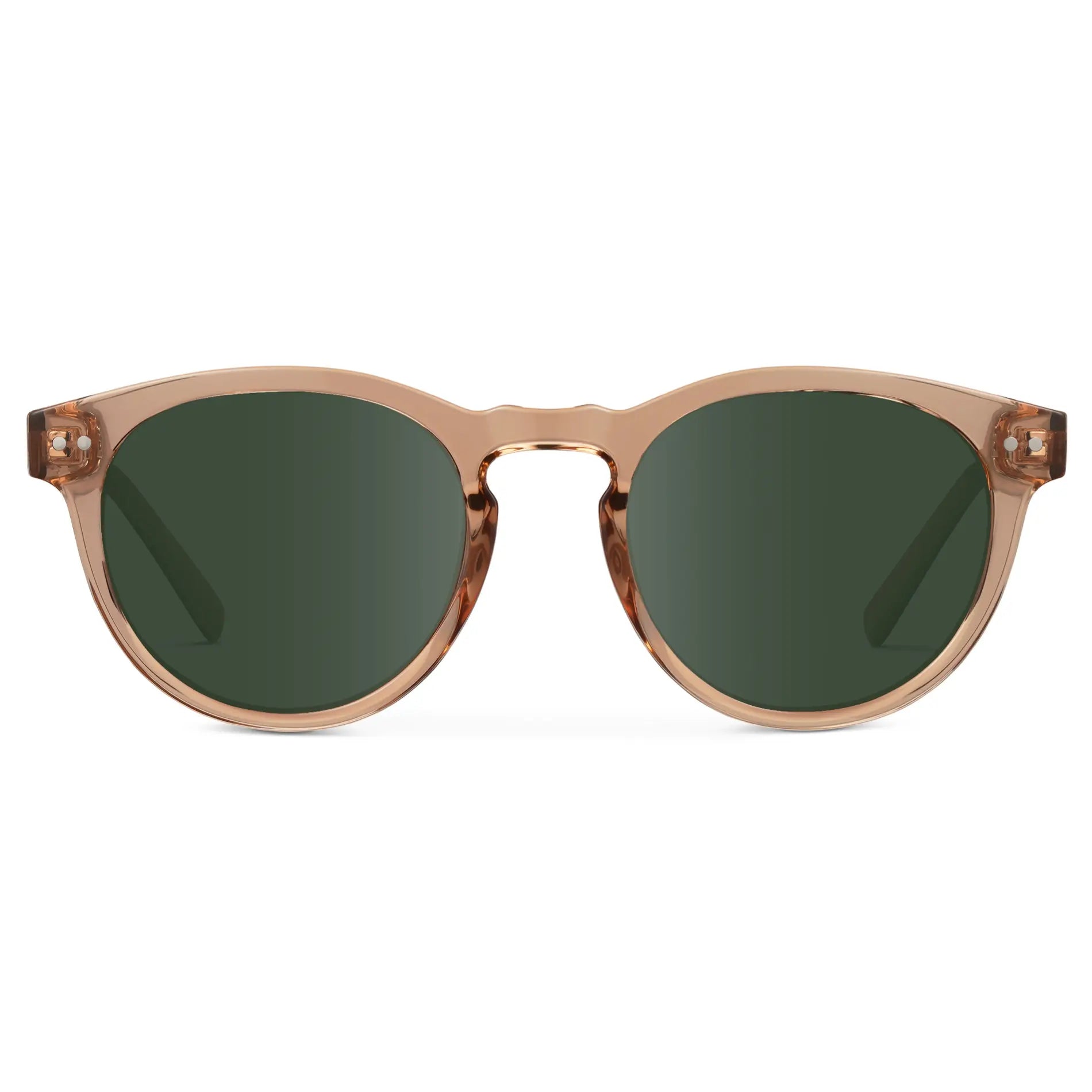 Light Crystal Brown / G15 || Brown Round Frame Prescription Sunglasses with Green Lenses on a white background