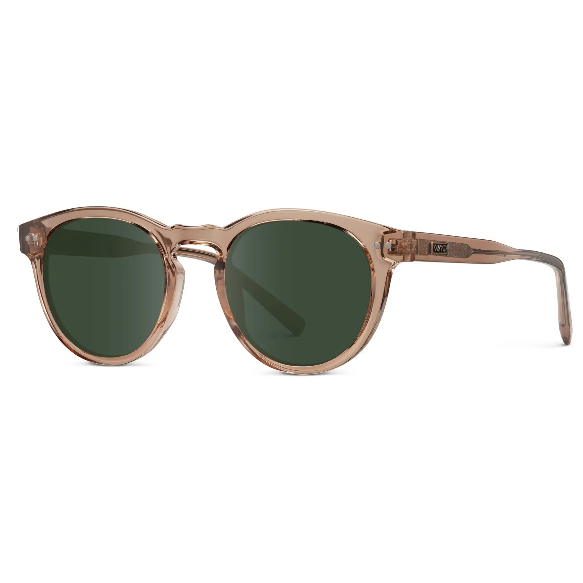 Light Crystal Brown / G15 || Side view of Brown Round Frame Prescription Sunglasses with Green Lenses on a white background