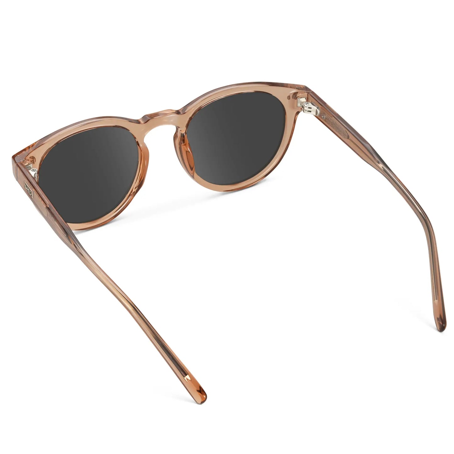 Light Crystal Brown / Grey || Back view of Brown Round Frame Prescription Sunglasses with Grey Lenses on a white background
