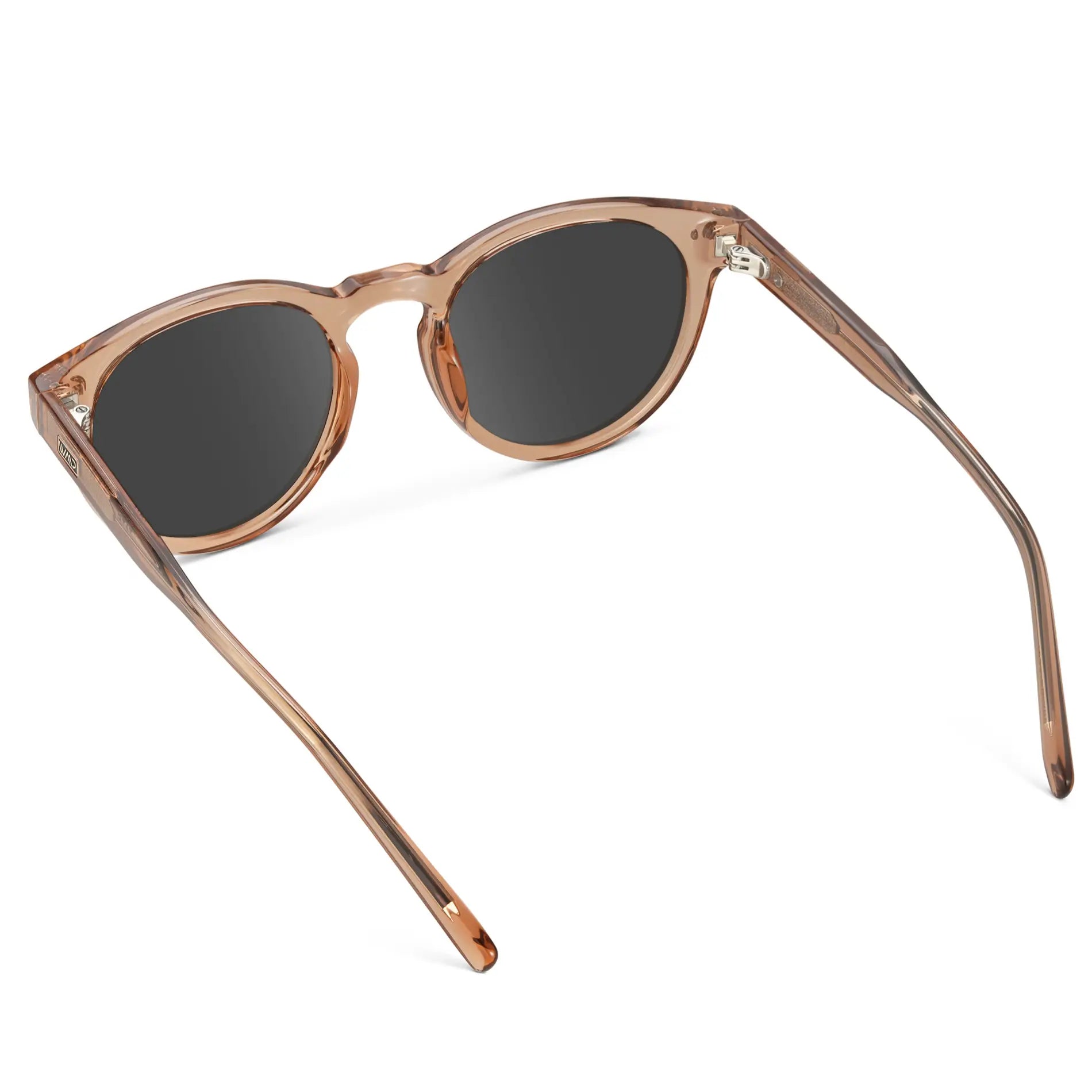 Light Crystal Brown / Grey || Back view of Brown Round Frame Prescription Sunglasses with Grey Lenses on a white background