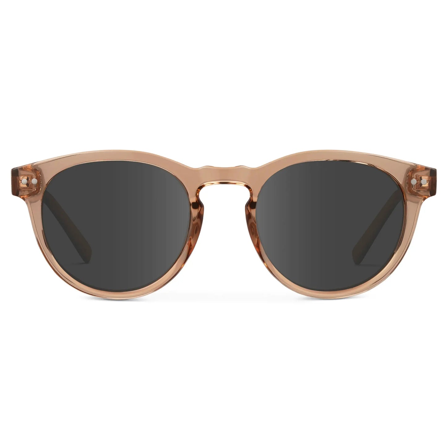 Light Crystal Brown / Grey || Brown Round Frame Prescription Sunglasses with Grey Lenses on a white background