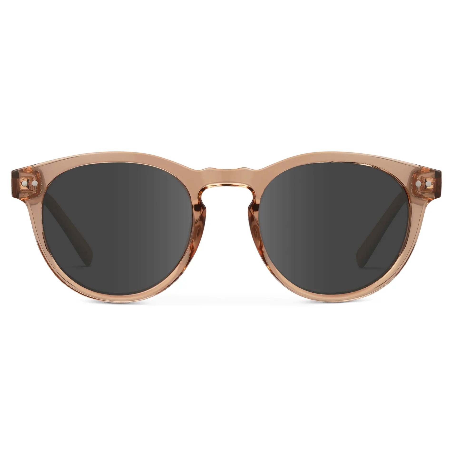 Light Crystal Brown / Grey || Brown Round Frame Prescription Sunglasses with Grey Lenses on a white background