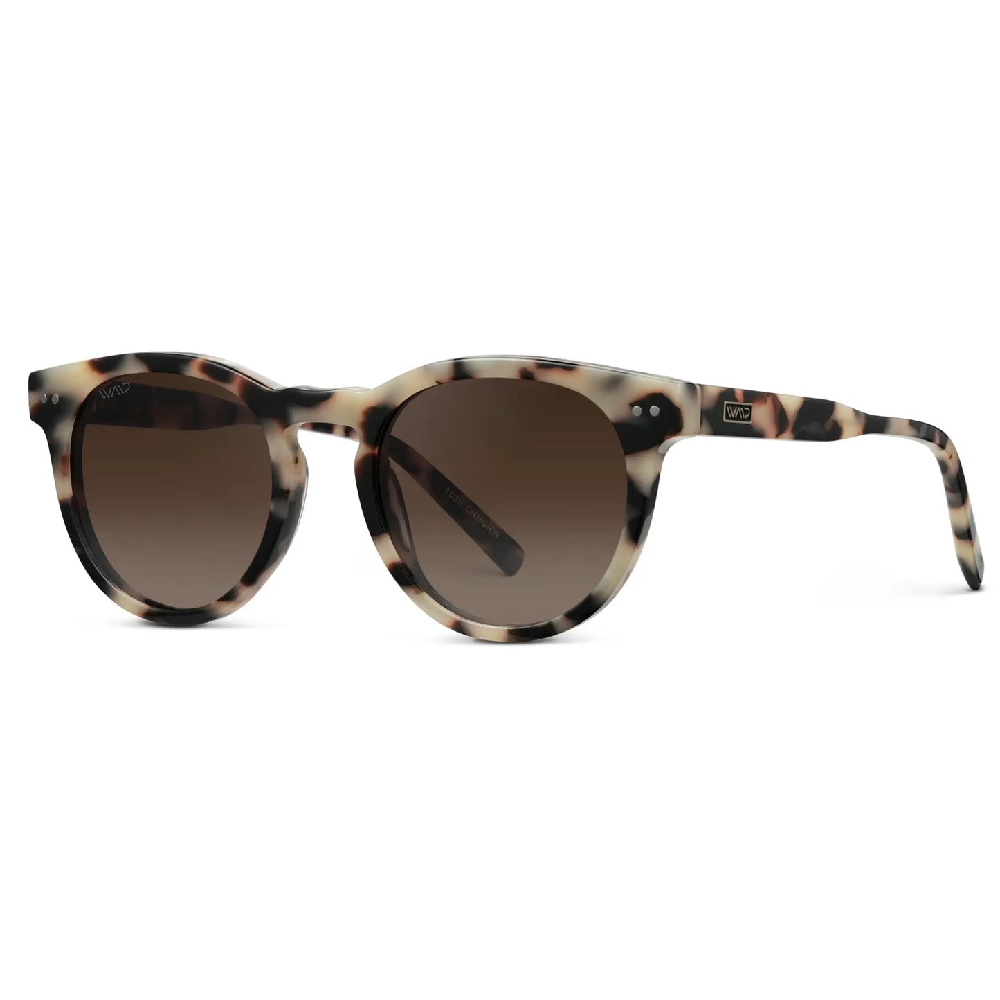 Beige Tortoise / Brown Gradient Lens || Side view of Women's Tortoise Round Frame Sunglasses with Brown Polarized Lenses on a white background