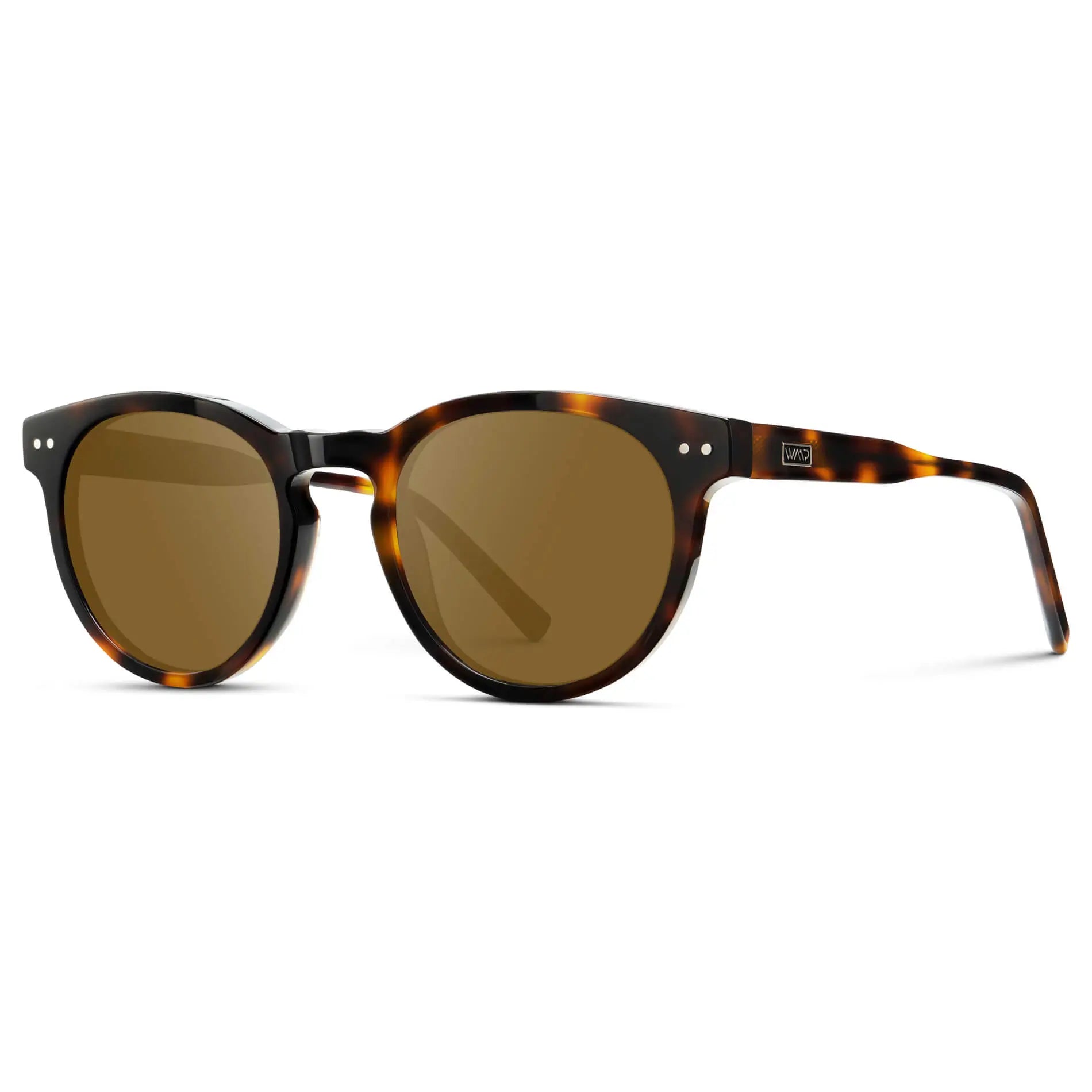 Brown Tortoise / Amber || Side view of Brown Tortoise Round Acetate Frame with Amber Prescription Lens on a white background