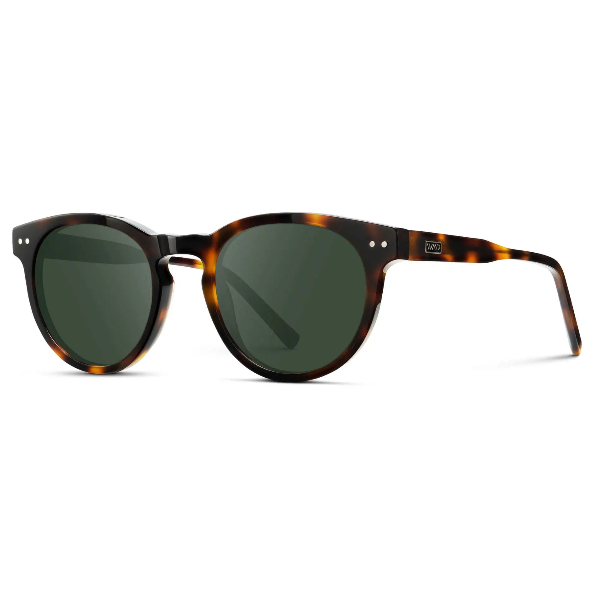 Brown Tortoise / G15 || Side view of Brown Tortoise Round Acetate Frame with Green Prescription Lens on a white background