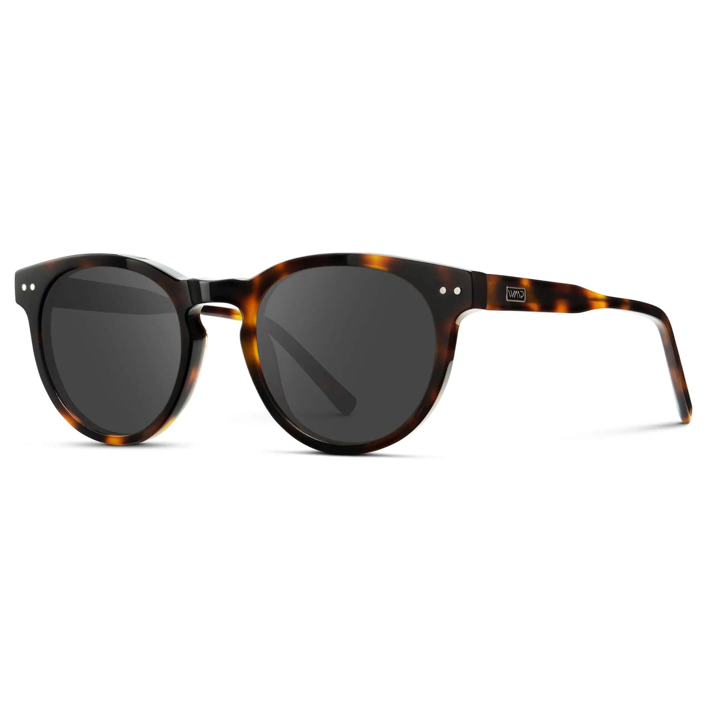 Brown Tortoise / Grey || Side view of Brown Tortoise Round Acetate Frame with Grey Prescription Lens on a white background
